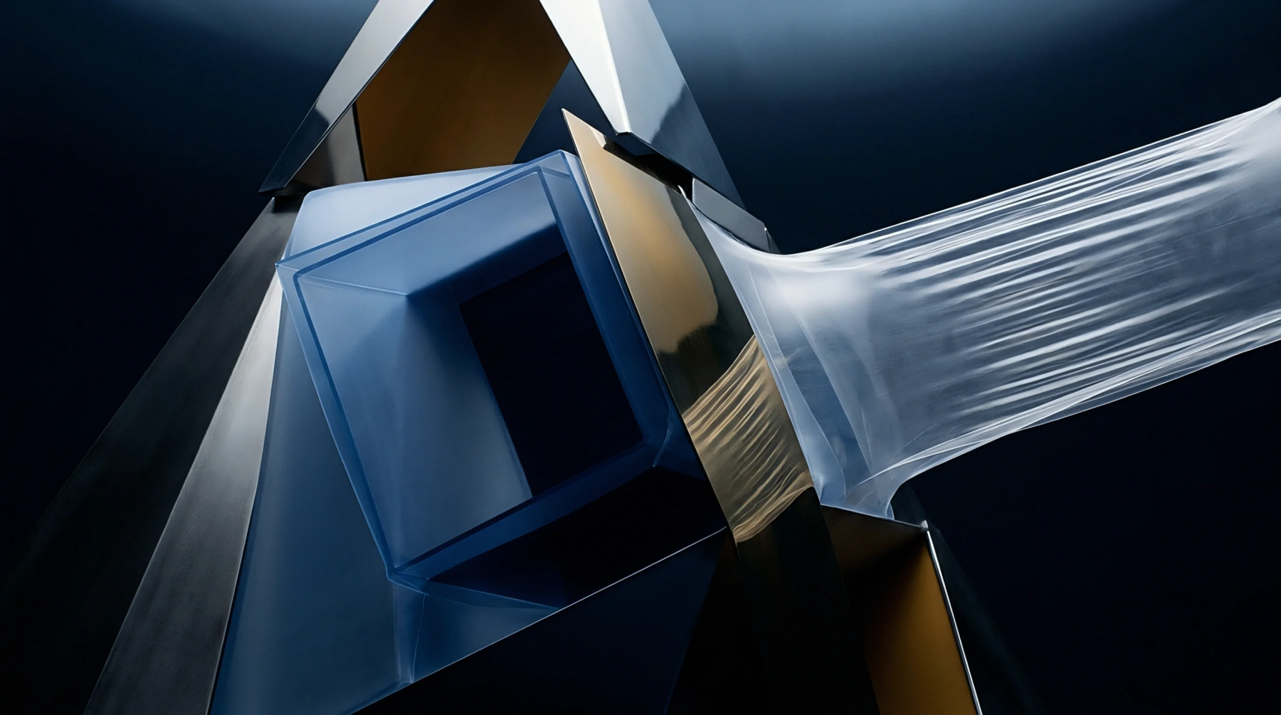 Geometric components in this digital render feature a translucent blue thermoplastic cube and metallic prisms with a stretching transparent polymer film.