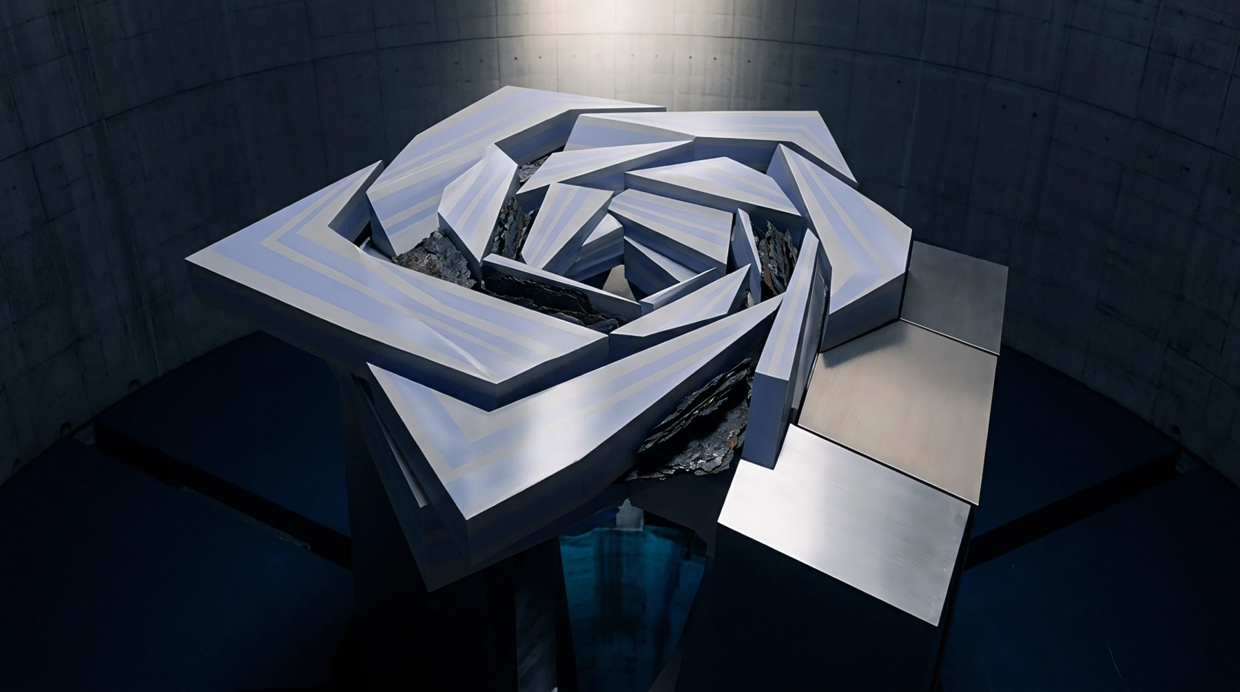 An intricate render features nested white polymer segments forming a geometric core within a grey circular concrete containment vault floor.