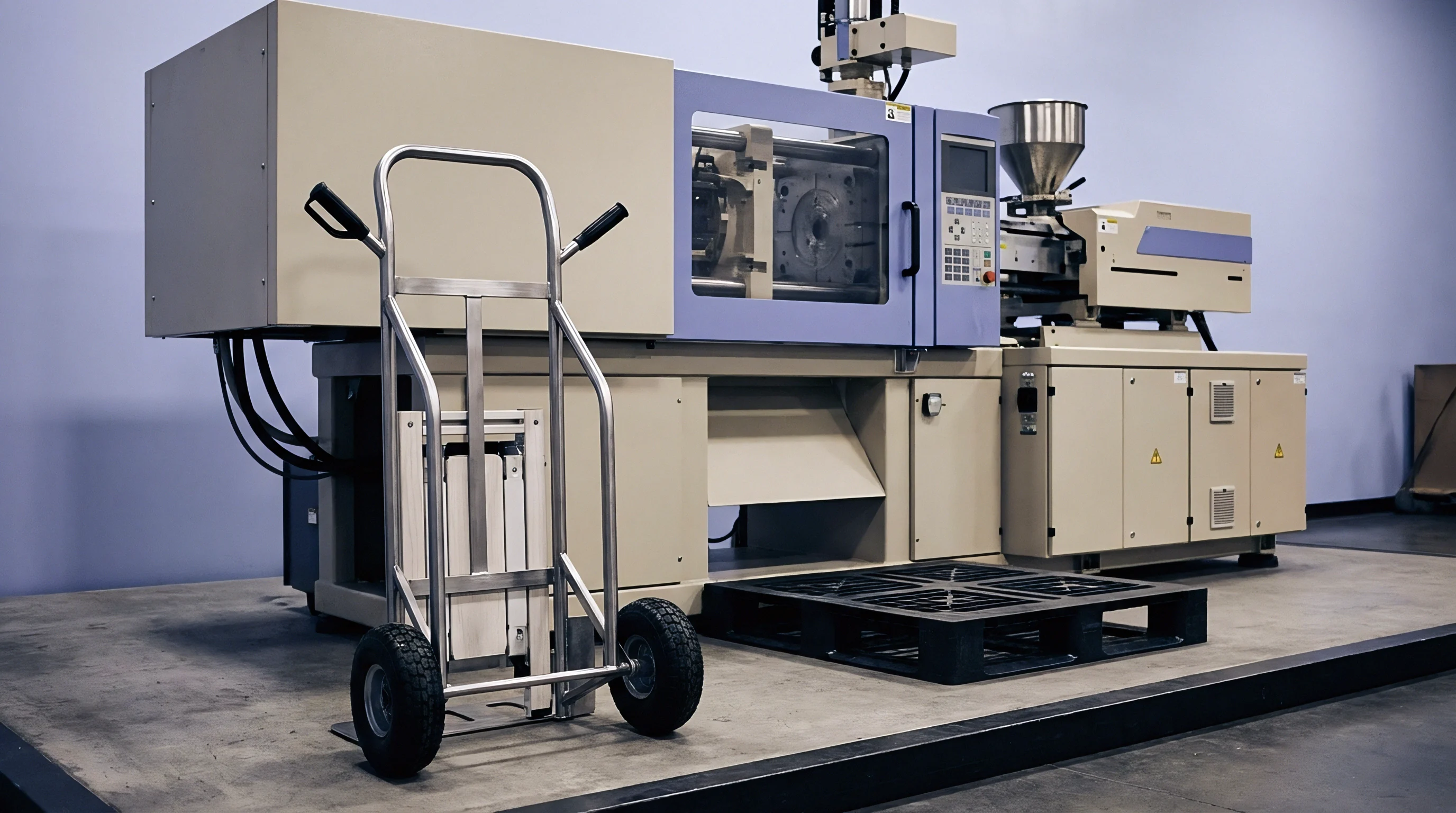 A large industrial injection molding machine, a hand truck, and a plastic pallet stand on a concrete floor in a light industrial setting.