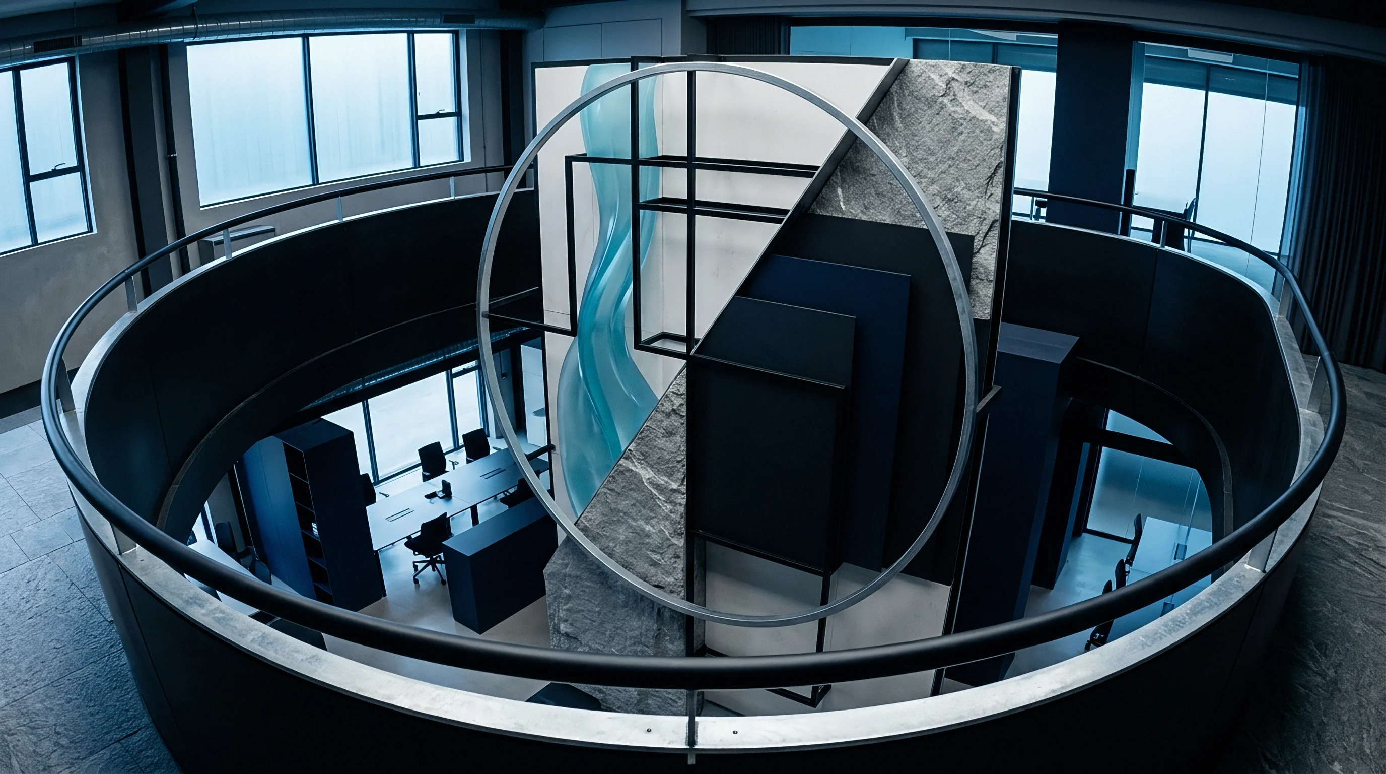 An architectural render presents a multi-level office interior containing a large central sculpture made of thermoformed blue polymer and textured stone composite panels.
