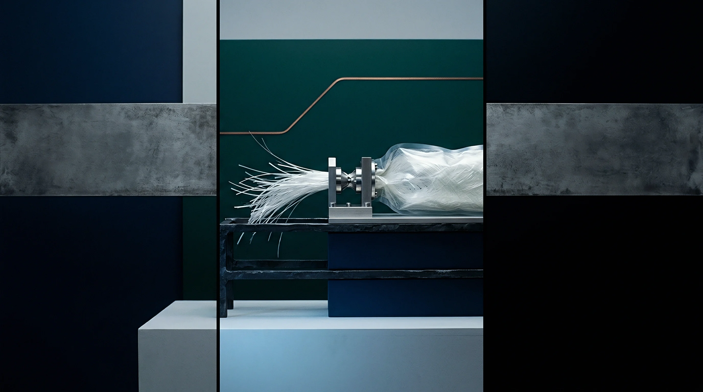 A mechanical apparatus precisely feeds fine glass fibers into a continuous polymer film enclosure during an automated production process.