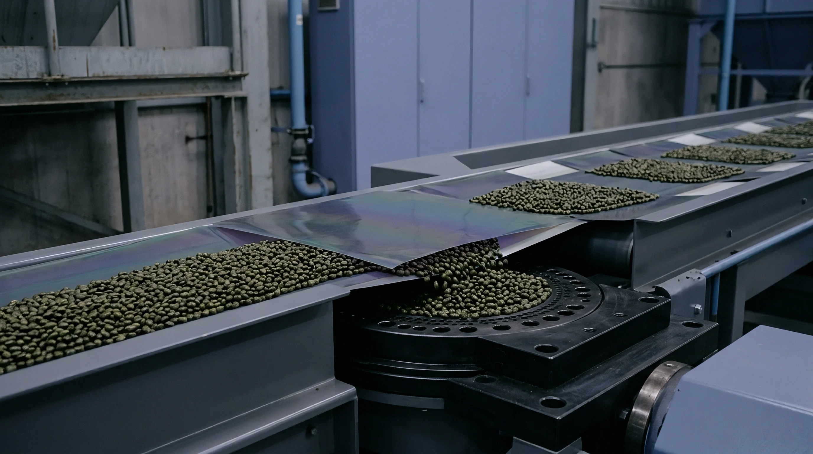 Small uniform green polymer granules are transported on an industrial conveyor belt system towards an automated sorting mechanism.
