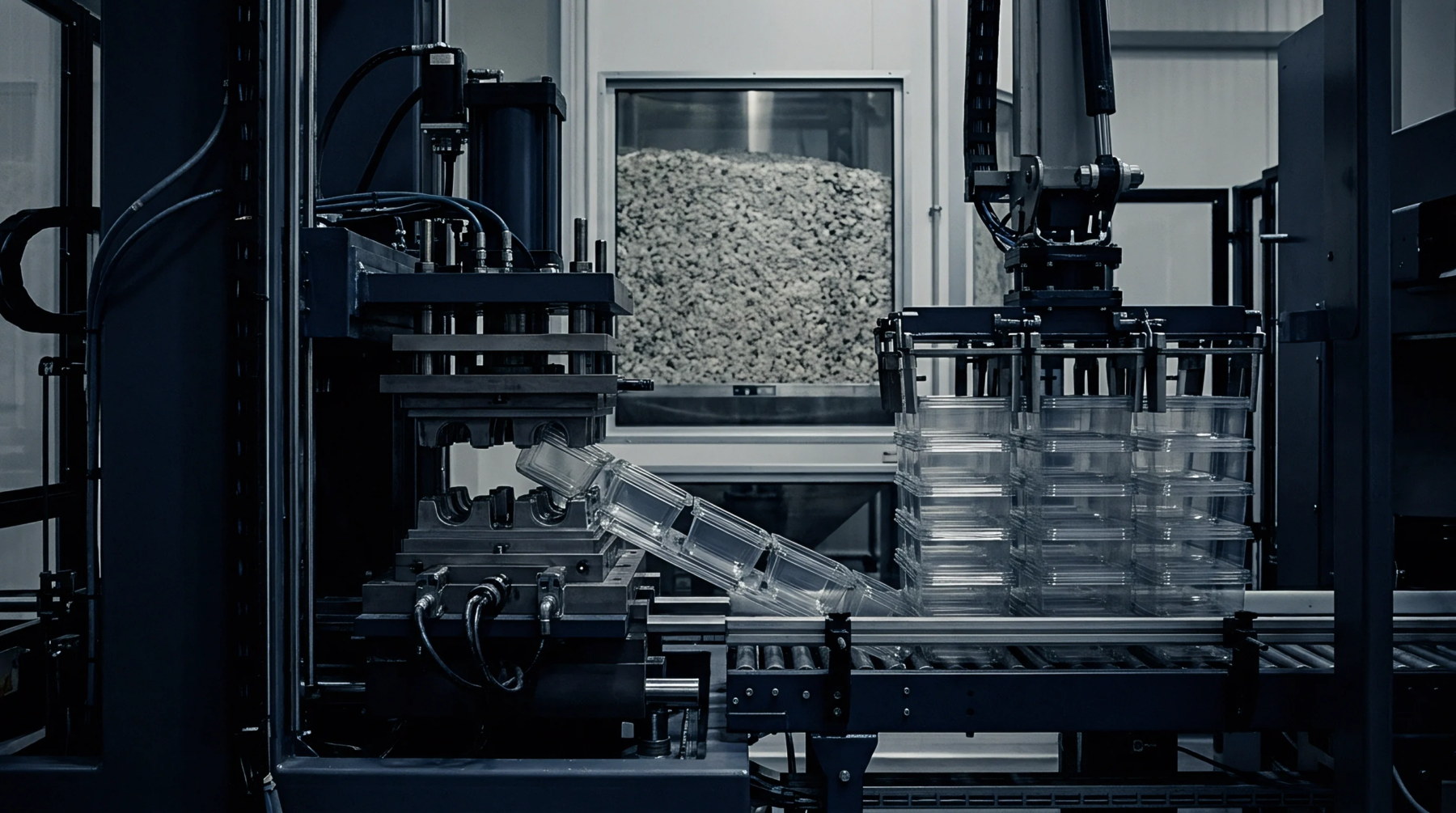 Industrial injection molding equipment forms transparent polymer containers while robotic handlers stack finished parts near regrind storage silos.