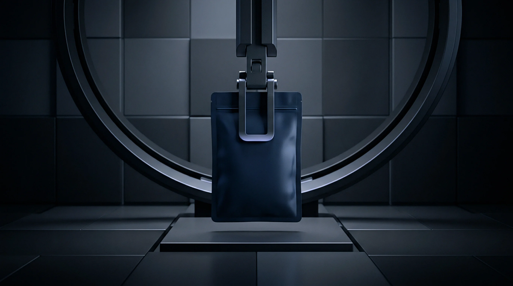 A computer-generated illustration shows a dark flexible polymer pouch suspended by an automated manipulator within a controlled manufacturing facility.