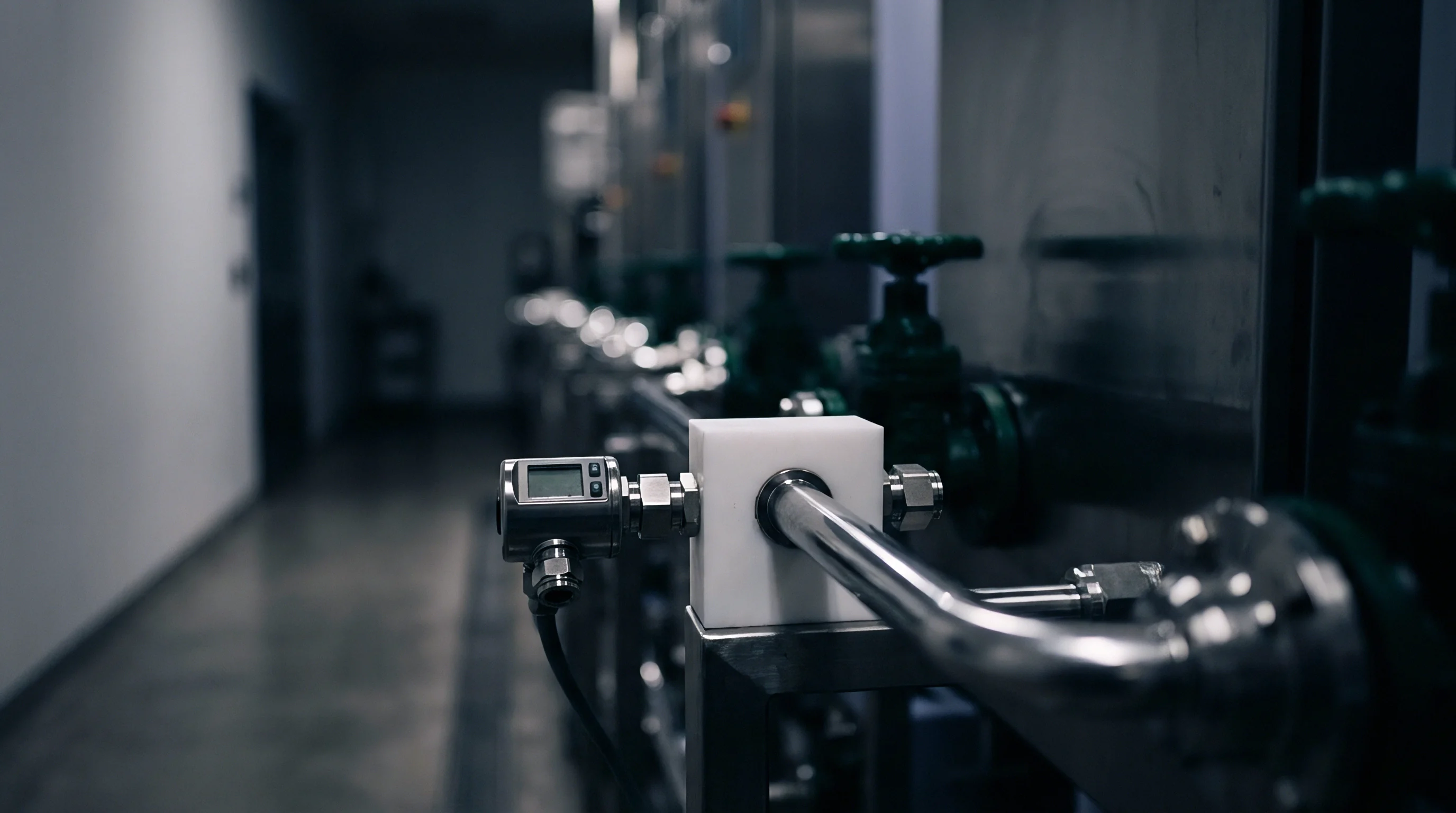 Industrial stainless steel piping with integrated flow sensors and control valves is seen within a clean manufacturing facility's production line.