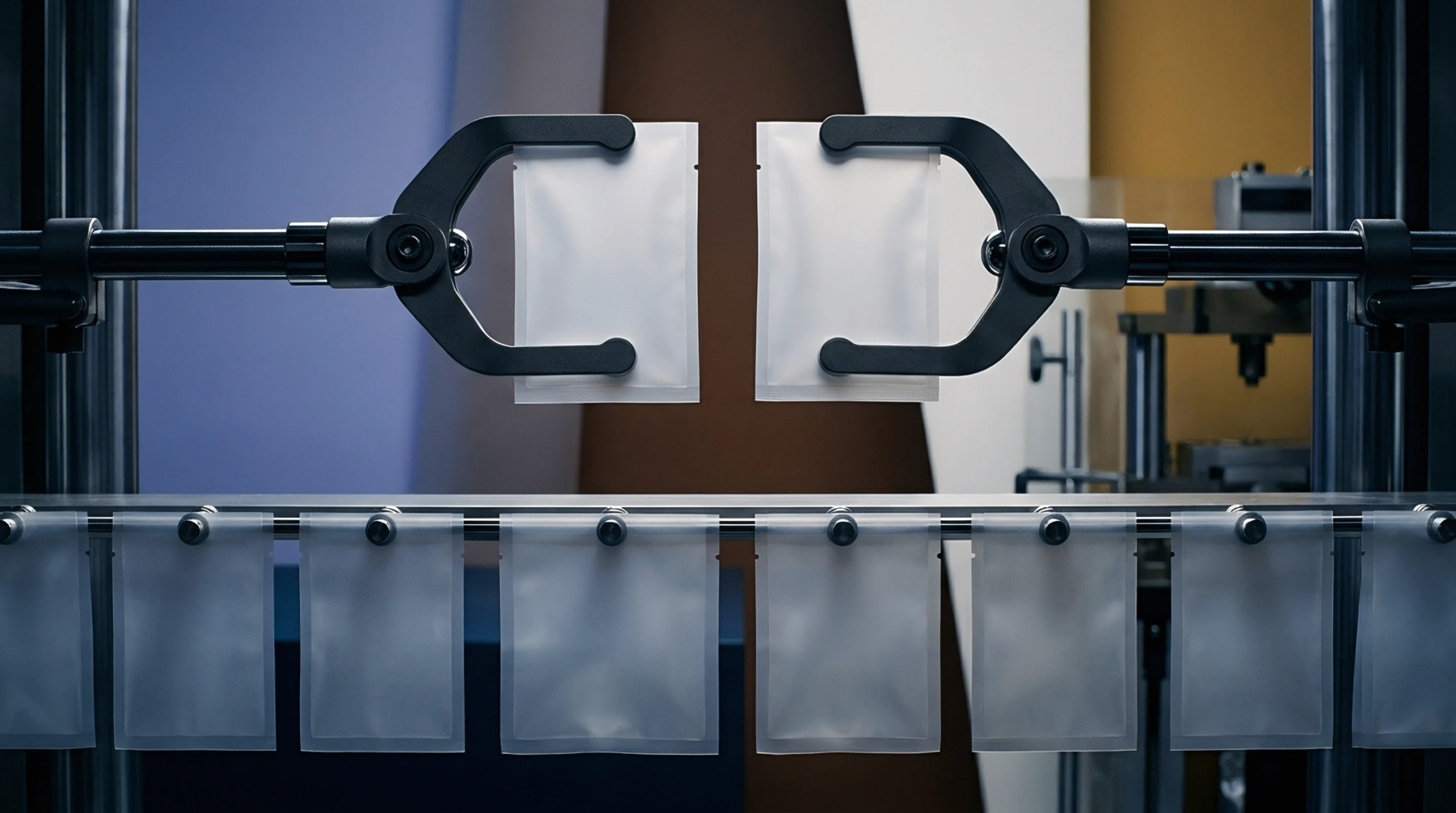 Mechanical grippers pull apart a sealed polymer pouch during destructive tensile strength testing inside a manufacturing quality control laboratory.