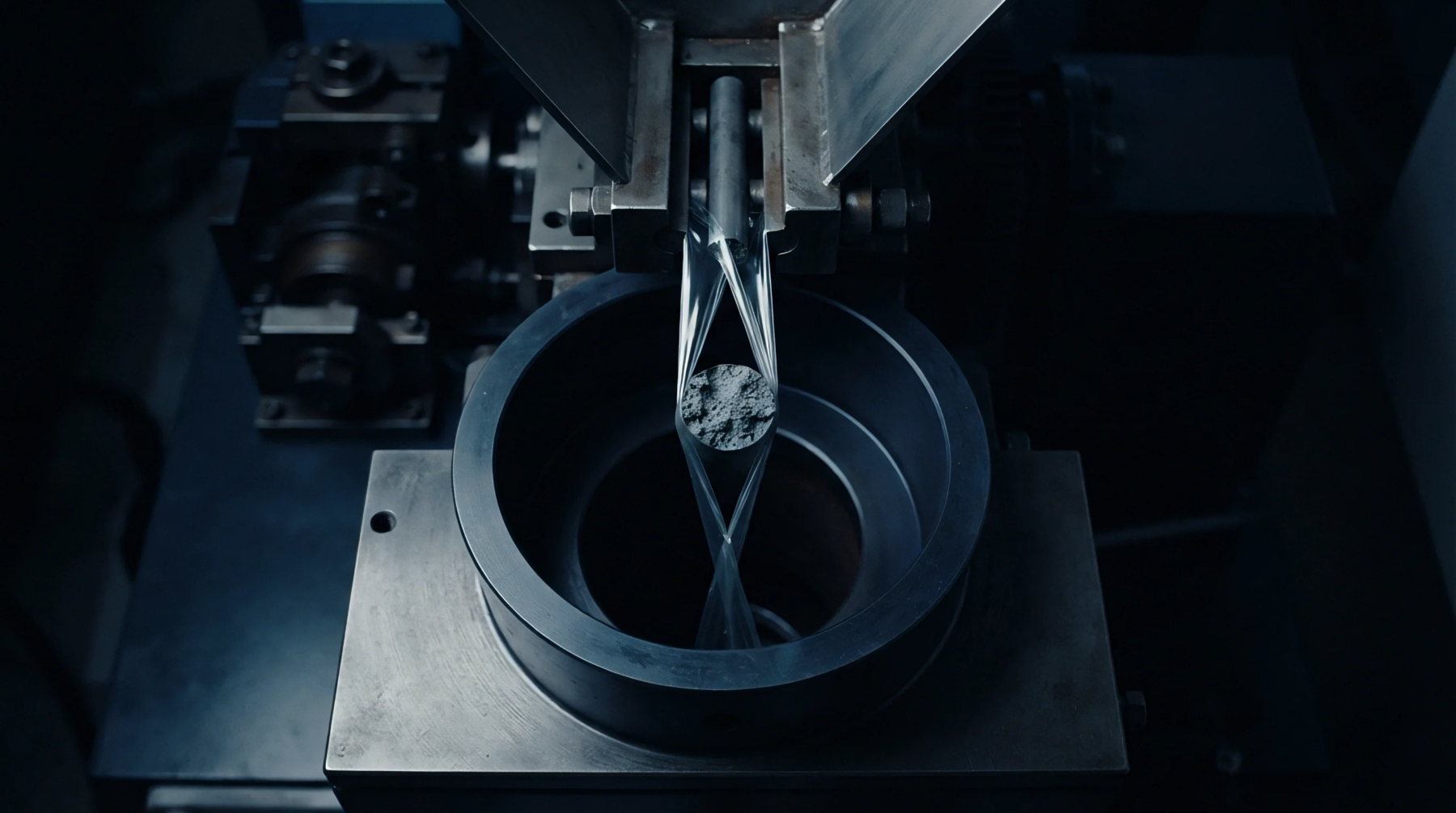 A vertical packaging machine encapsulates a single gray molded part within a continuous tube of clear thermoplastic film during the production process.
