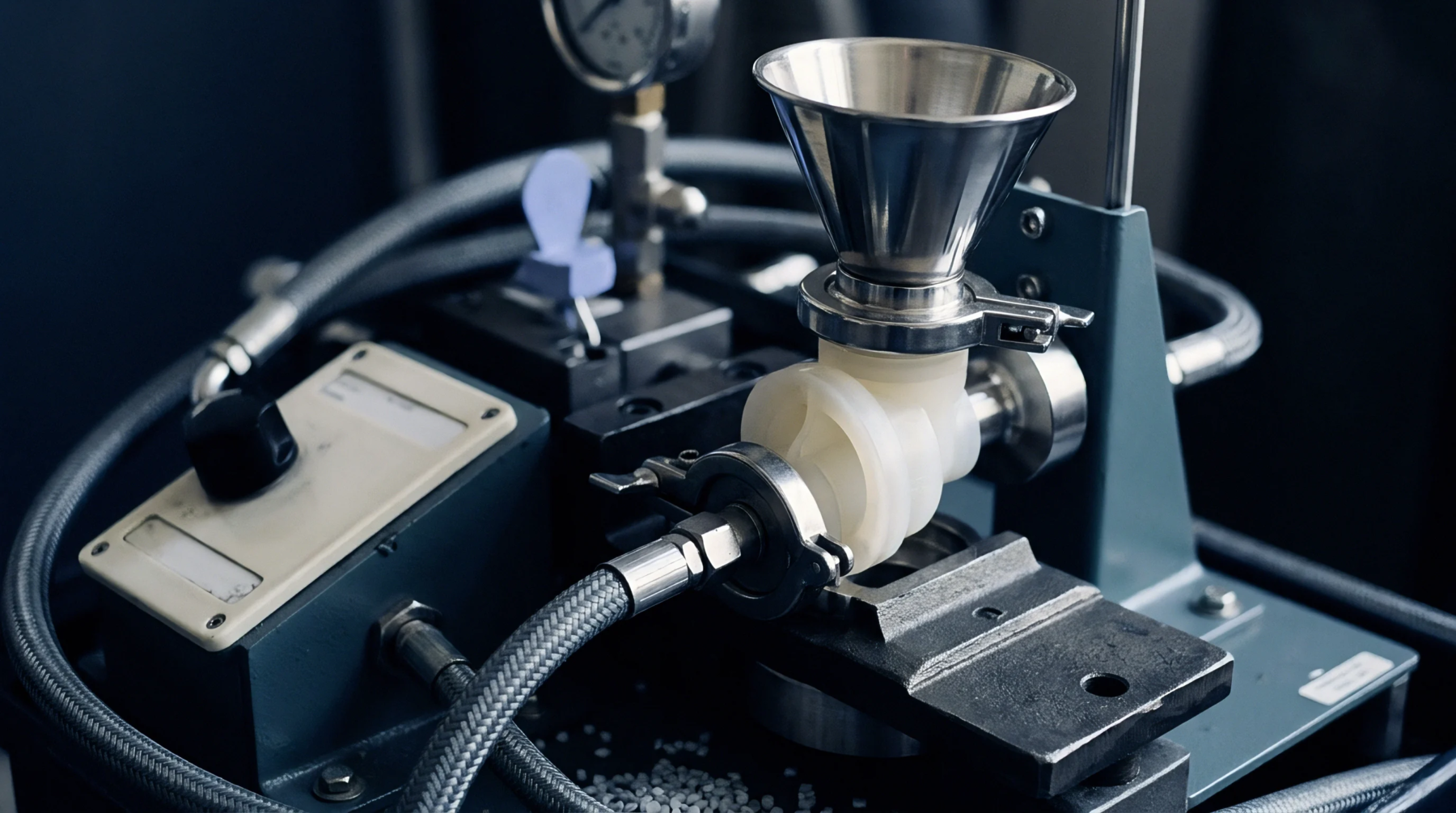 A desktop polymer processing assembly with a stainless steel hopper and a plastic casing rests on a dark metal workbench.