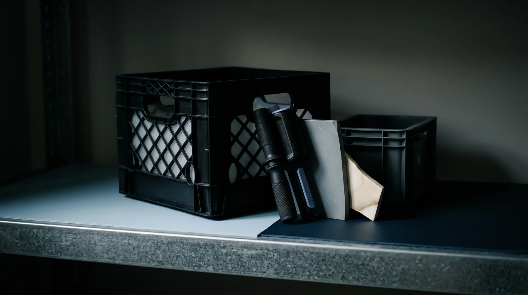 A black high density polyethylene crate sits beside smaller molded containers and textured polymer handles on a metal industrial storage shelf unit.