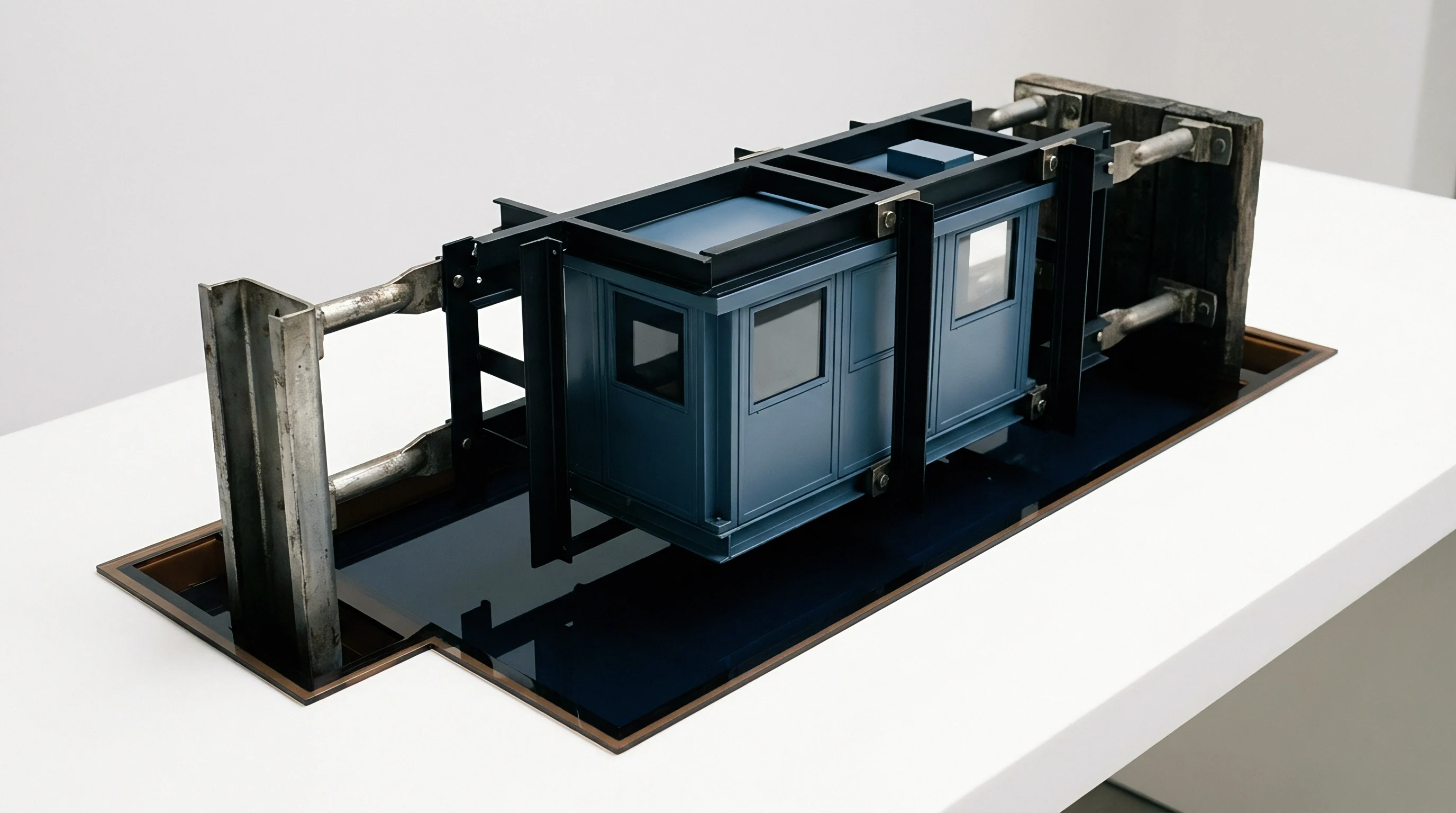 A painted blue molded polymer enclosure rests inside a heavy steel structural clamping assembly mounted above a dark reflective surface.