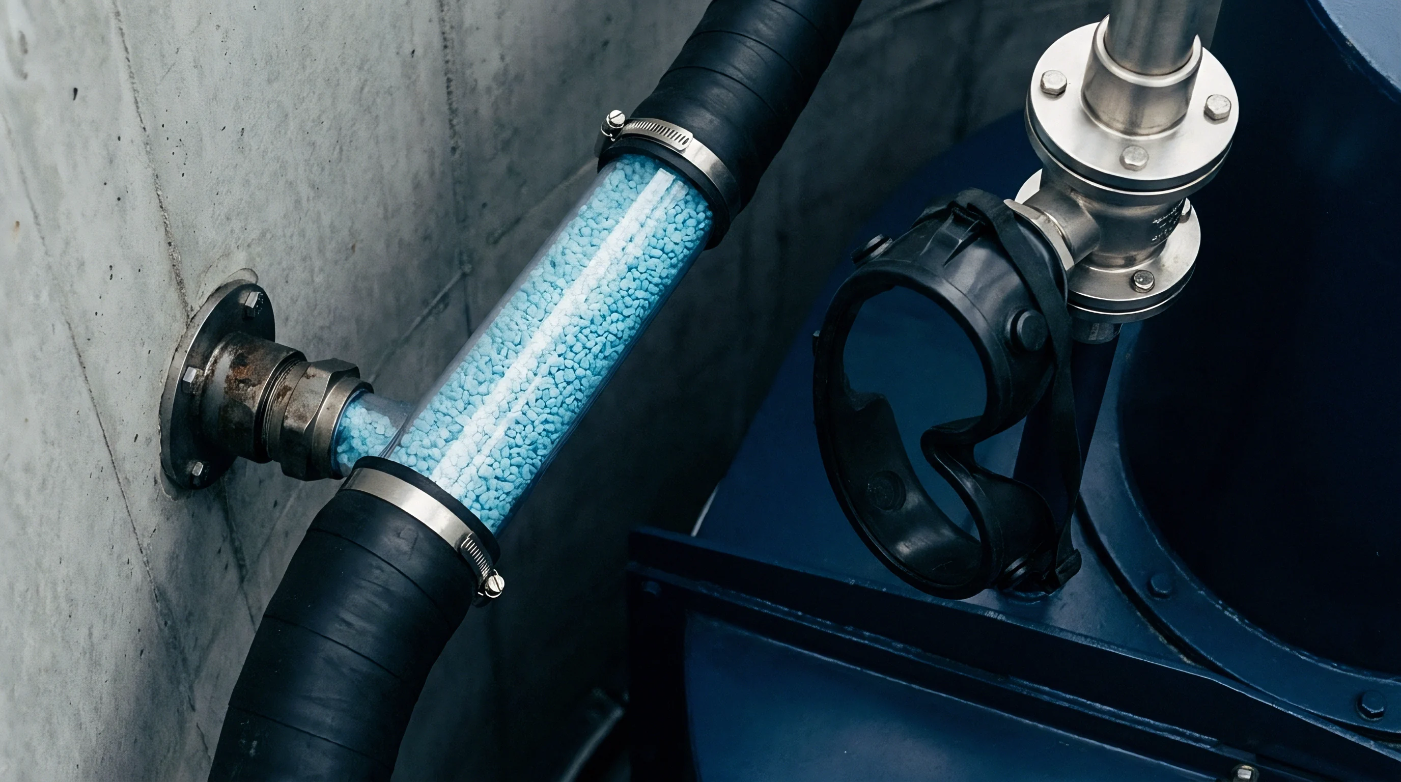 Transparent transfer line directs blue polymer resin pellets toward a machine intake aperture fixed against a textured concrete wall in a production facility.