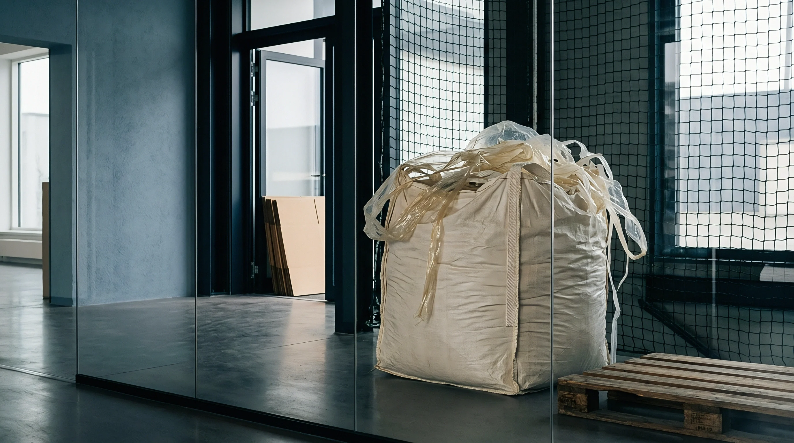 A large woven bulk bag filled with polymer granules rests on a wooden pallet inside an industrial production facility.