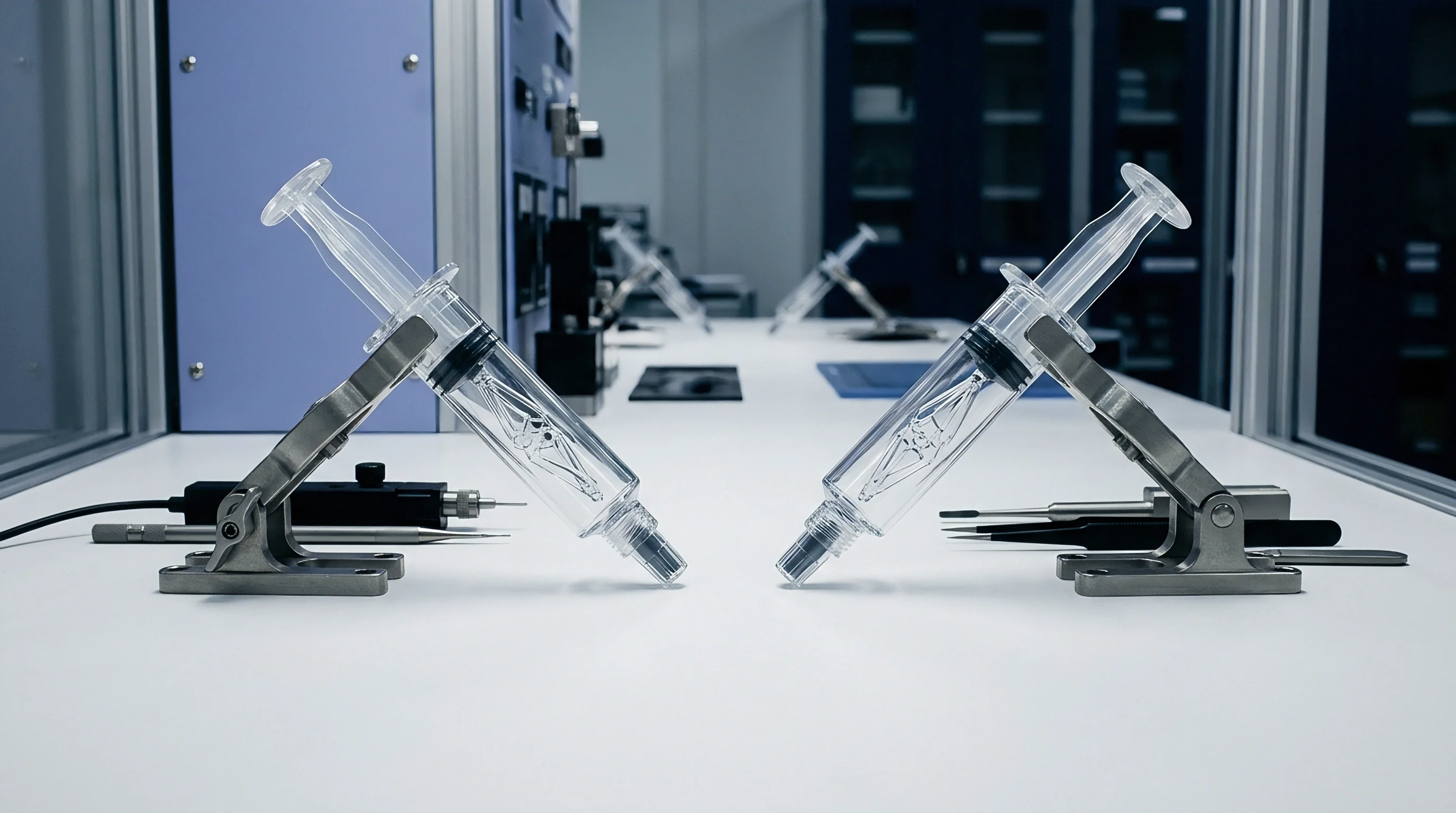 Two transparent molded polymer syringe barrels sit secured on metal mounts within a controlled precision manufacturing environment featuring specialized assembly tools.