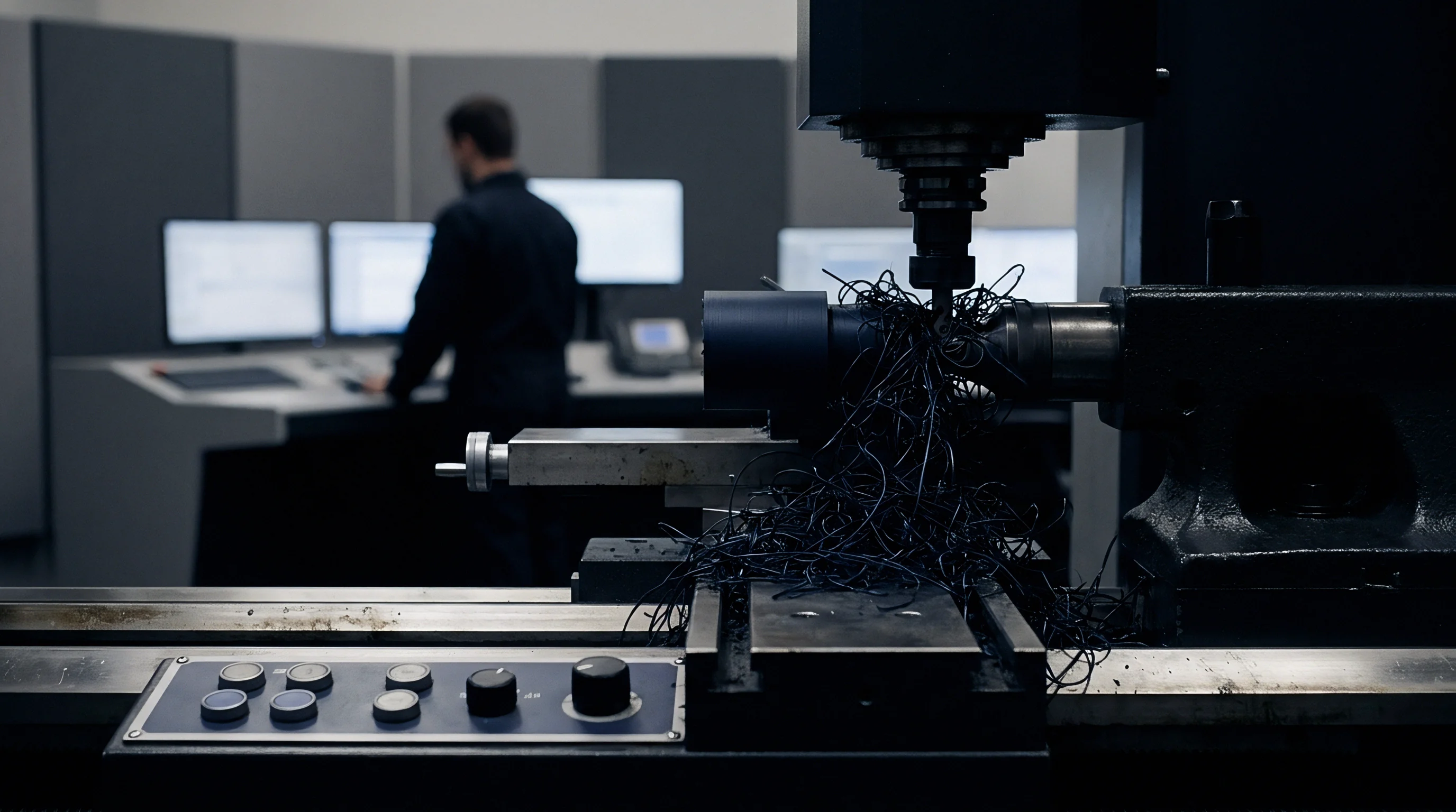 Precision machining of engineering polymer stock generates dark fibrous swarf inside a production workshop with computer control terminals.