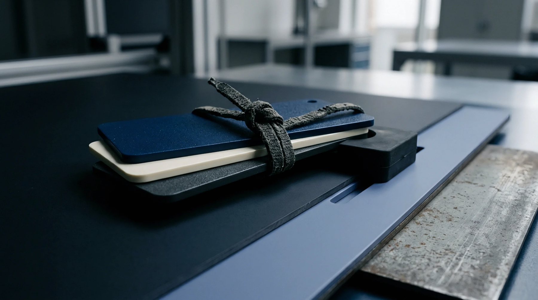 Three rectangular polymer plaques in navy, cream and dark grey are tied with a textile cord atop a dark workbench within a factory.