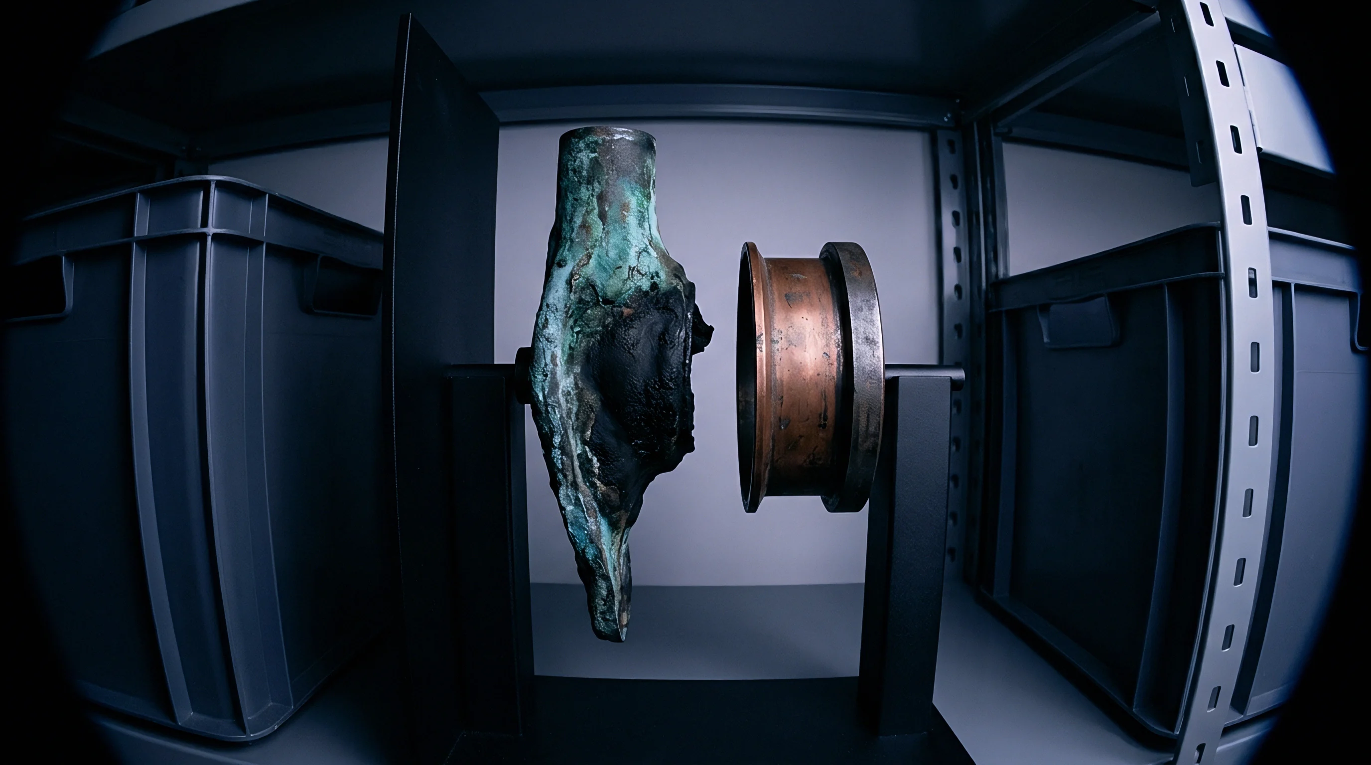 A degraded metallic tool with green corrosion sits opposite a machined copper alloy ring on black stands between grey storage bins.