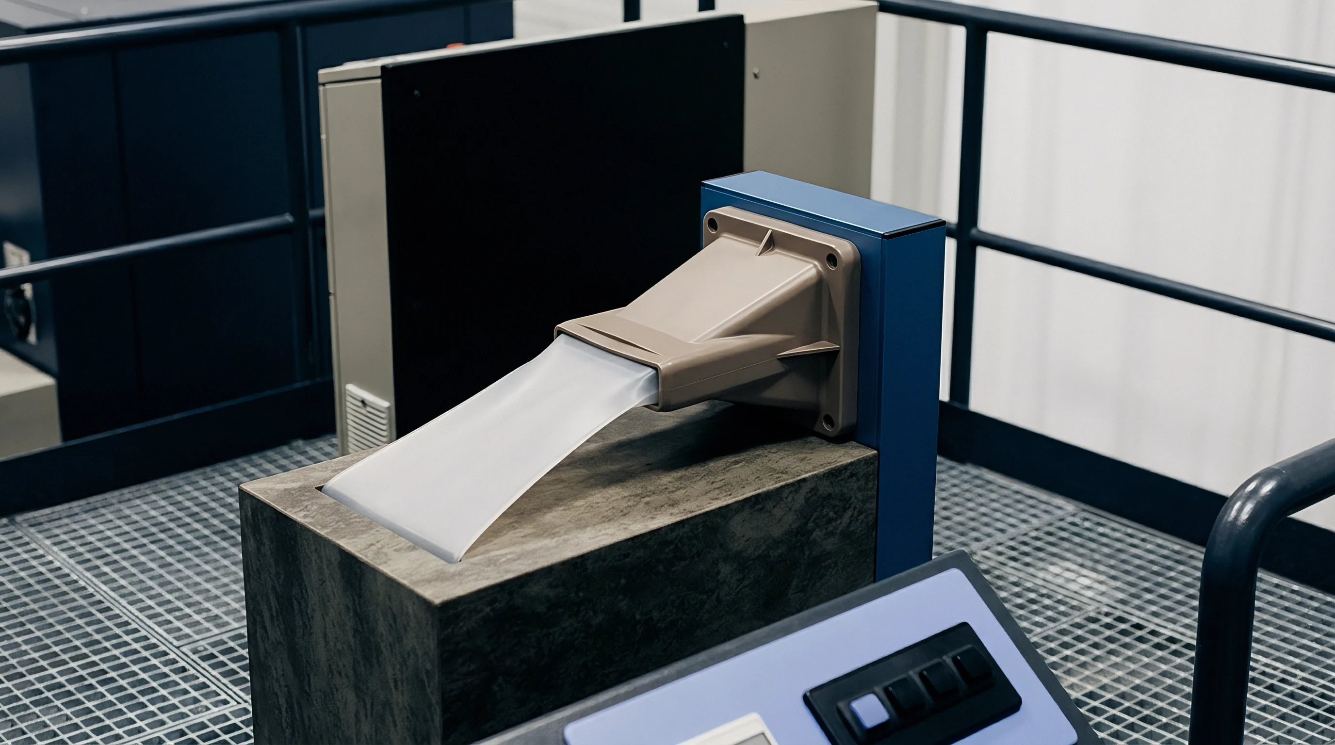 A flexible translucent polymer film exits a beige molded chute, falling into a dark cuboid collection bin in an industrial setting.