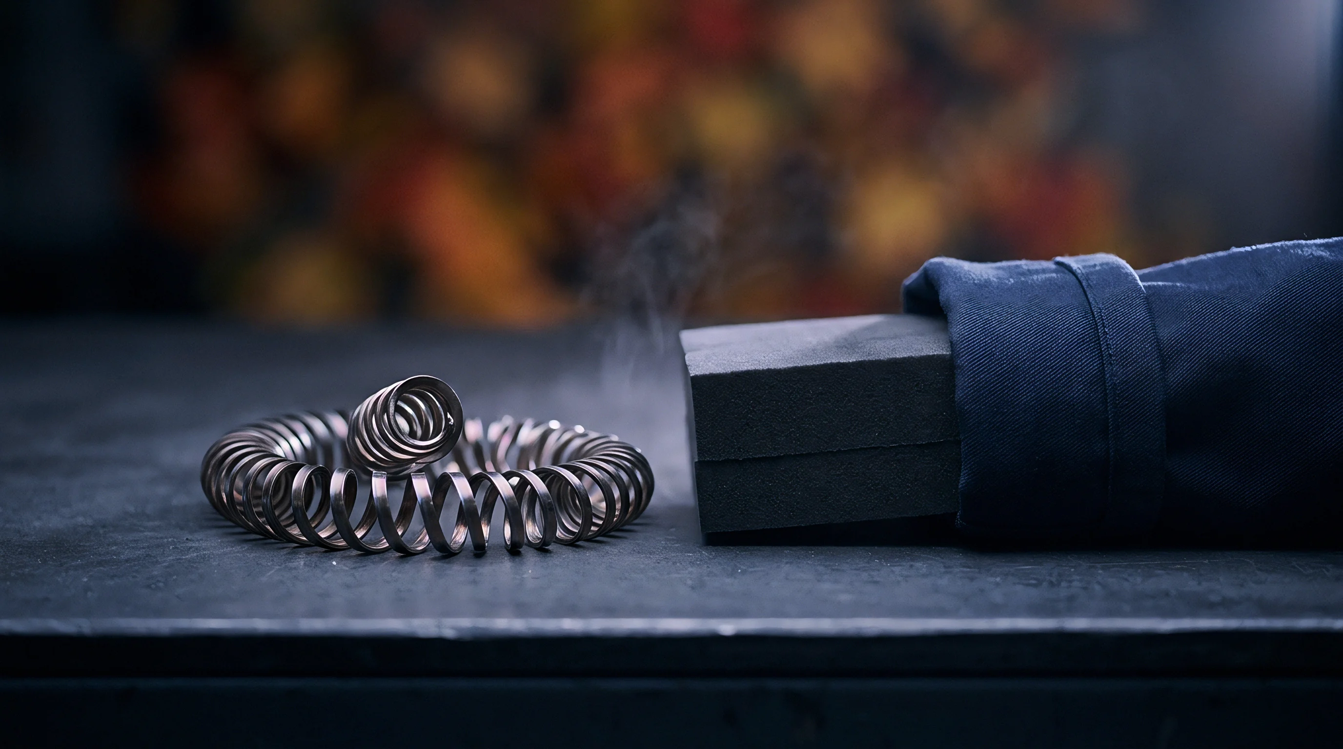 A helical metallic heating element emits vapor alongside a dark rectangular polymer block on a flat surface within a workshop.