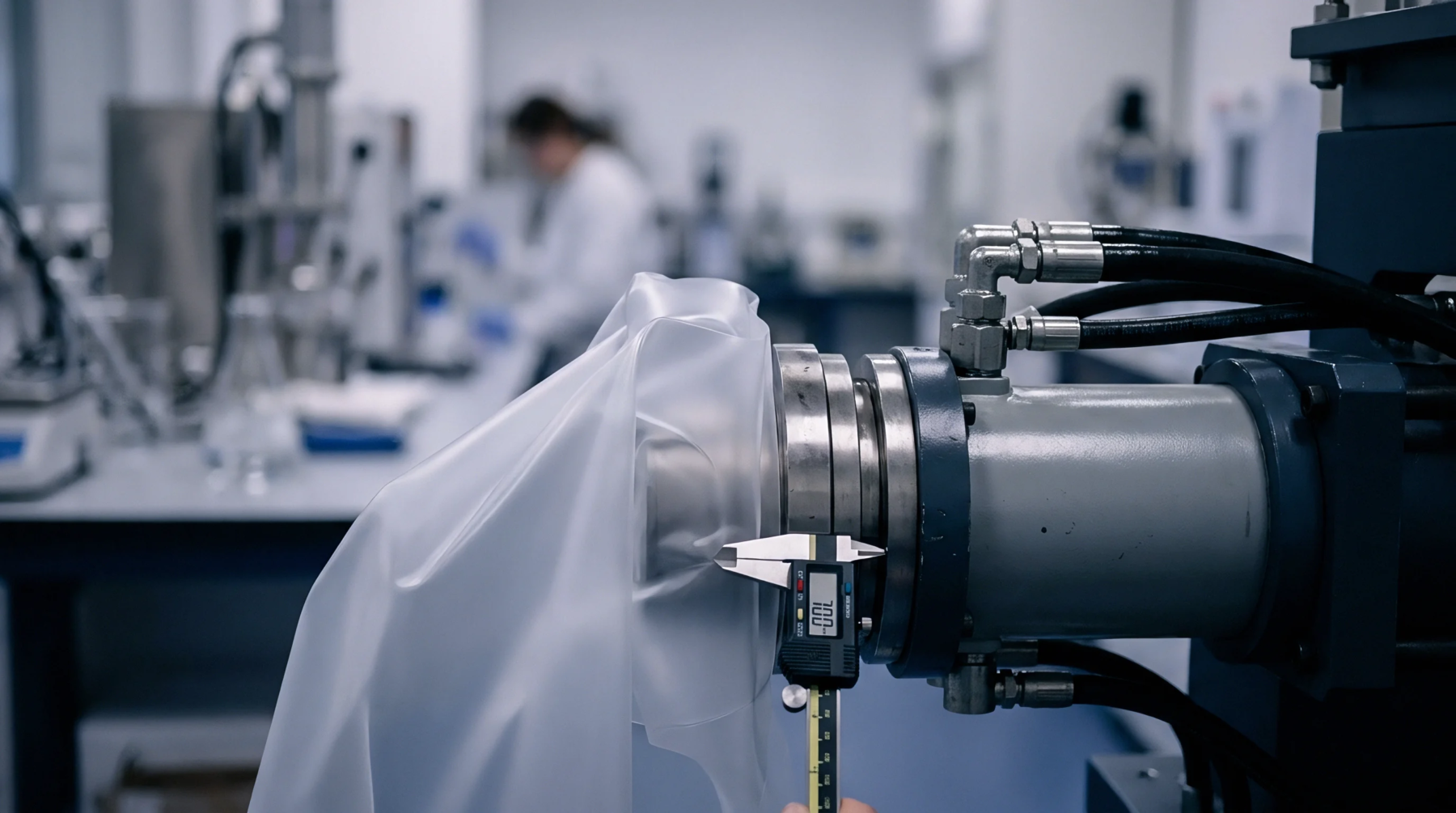 A digital caliper measures a metal component of an extrusion nozzle releasing a thin translucent polymer film in a laboratory setting.