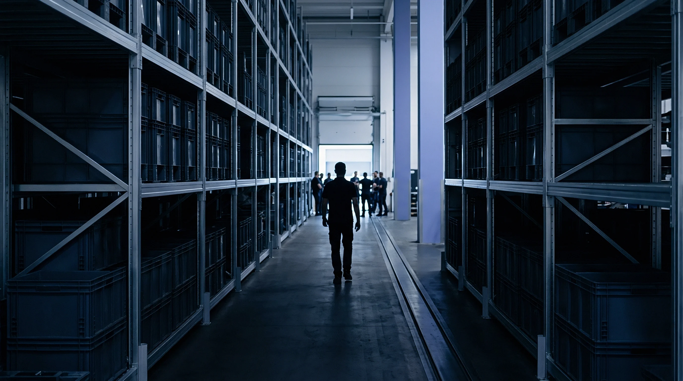 A warehouse operative walks between tall racking systems filled with plastic bins holding injection moulded components within a production facility.