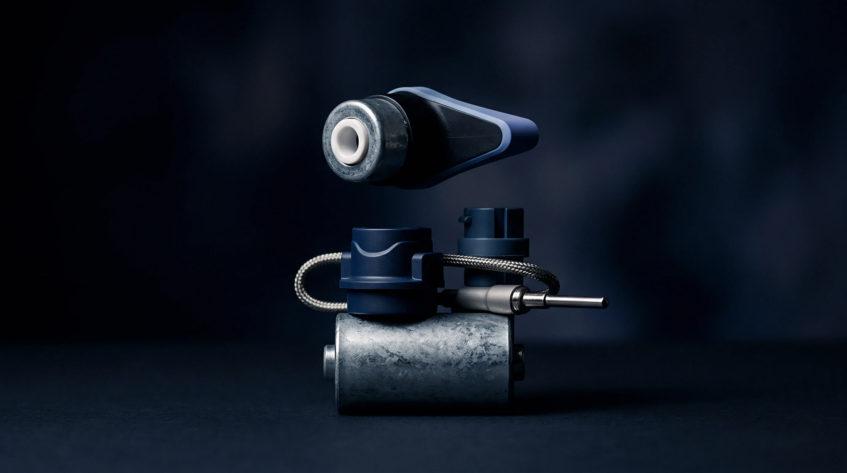 Disassembled industrial hot runner components feature stainless steel barrels, insulated braided wiring, and precision molded blue polymer housings against a dark backdrop.