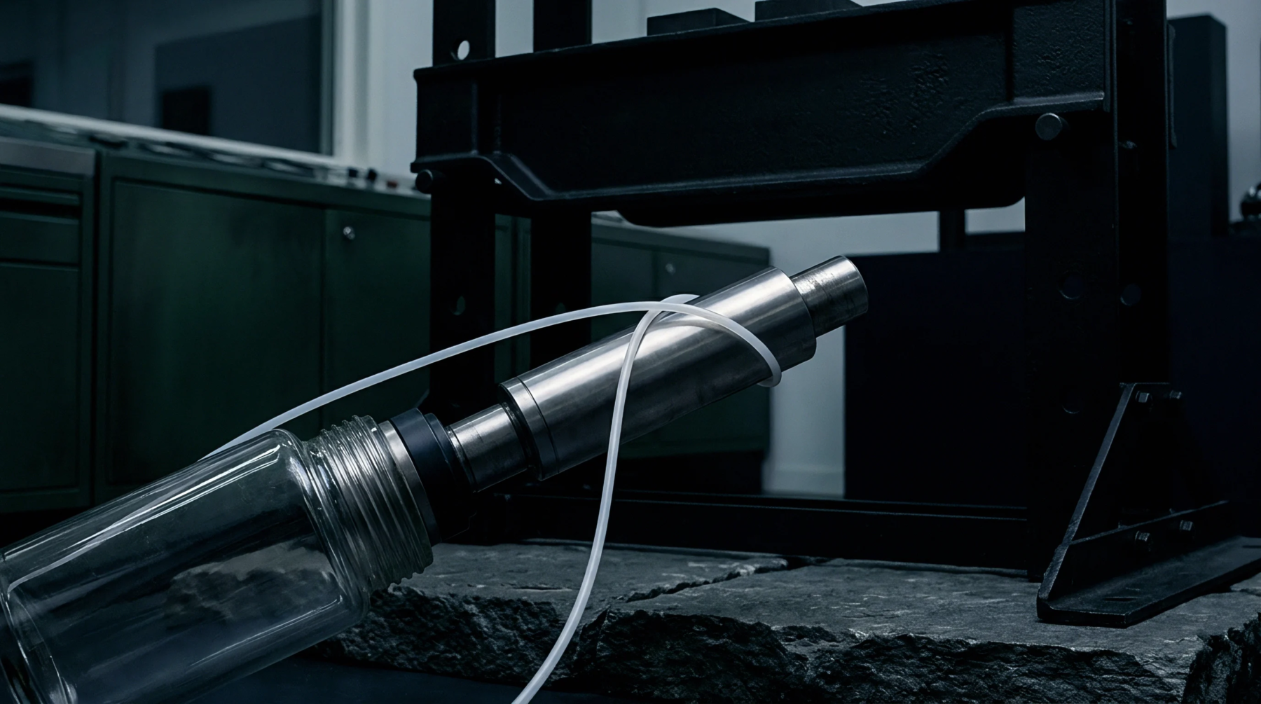 A clear polymer container assembly connects to a metallic test fixture positioned beneath an industrial press within a dark workshop.