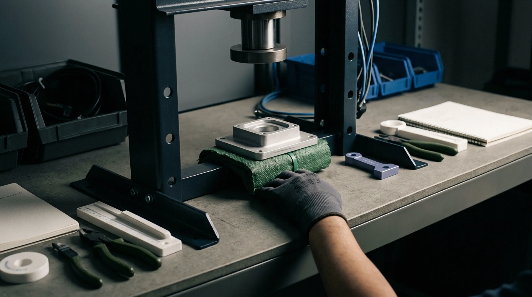 An industrial hydraulic shop press stands over a metal mould resting on a green fabric base across a grey workbench.