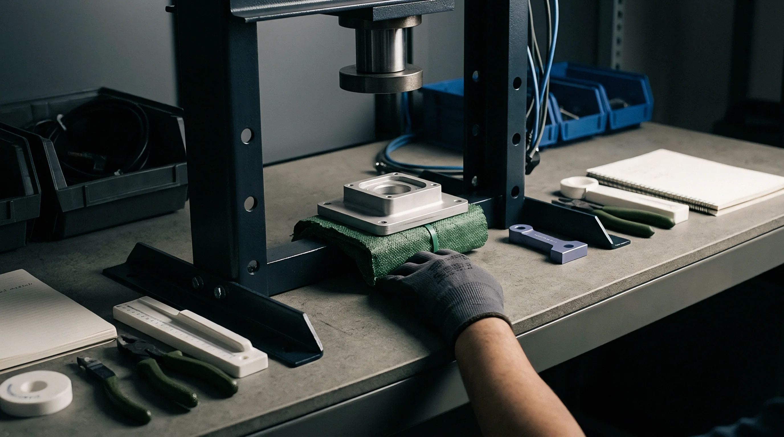 An industrial hydraulic shop press stands over a metal mould resting on a green fabric base across a grey workbench.