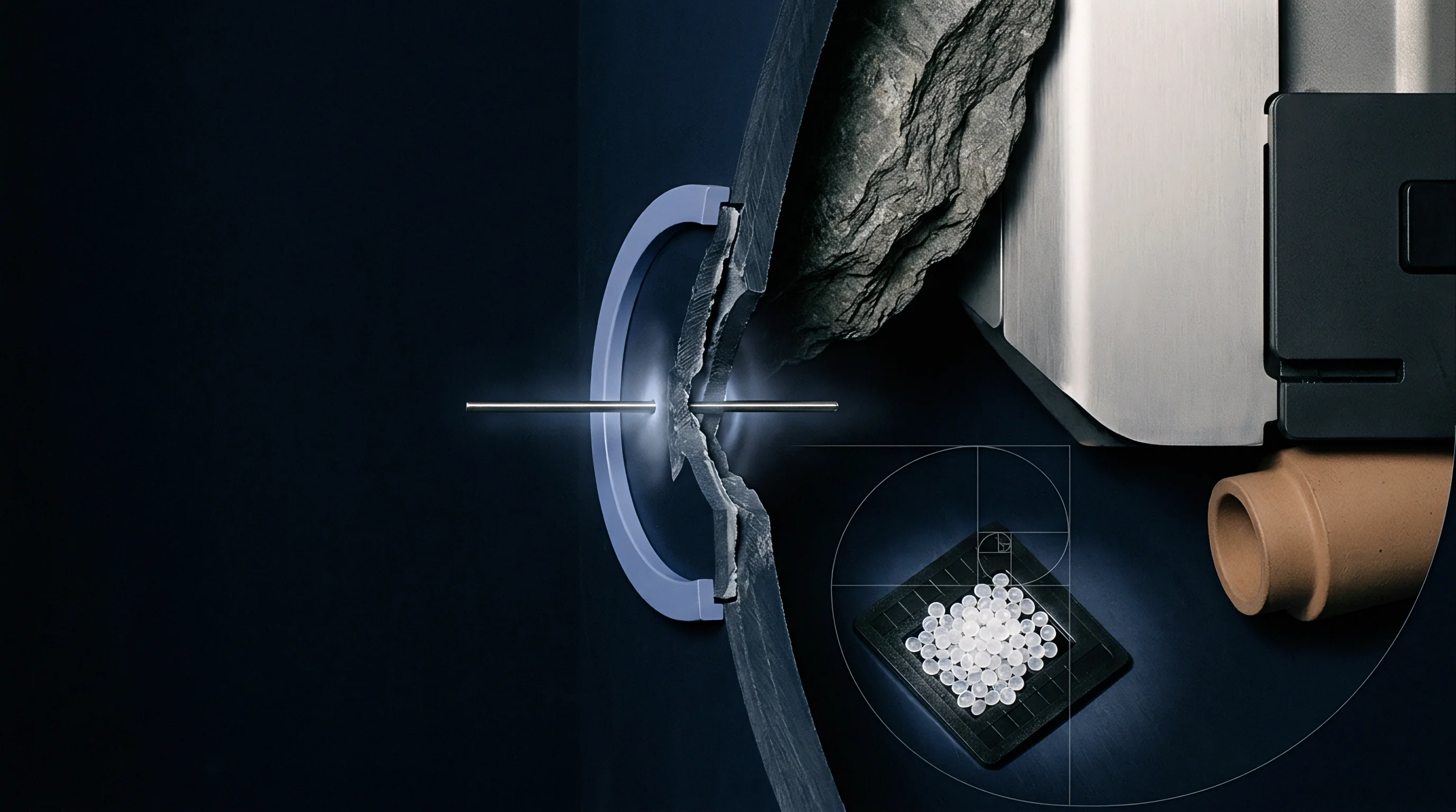 A digital illustration shows a cross-section of industrial machinery processing dark bulk material into translucent spherical plastic pellets.