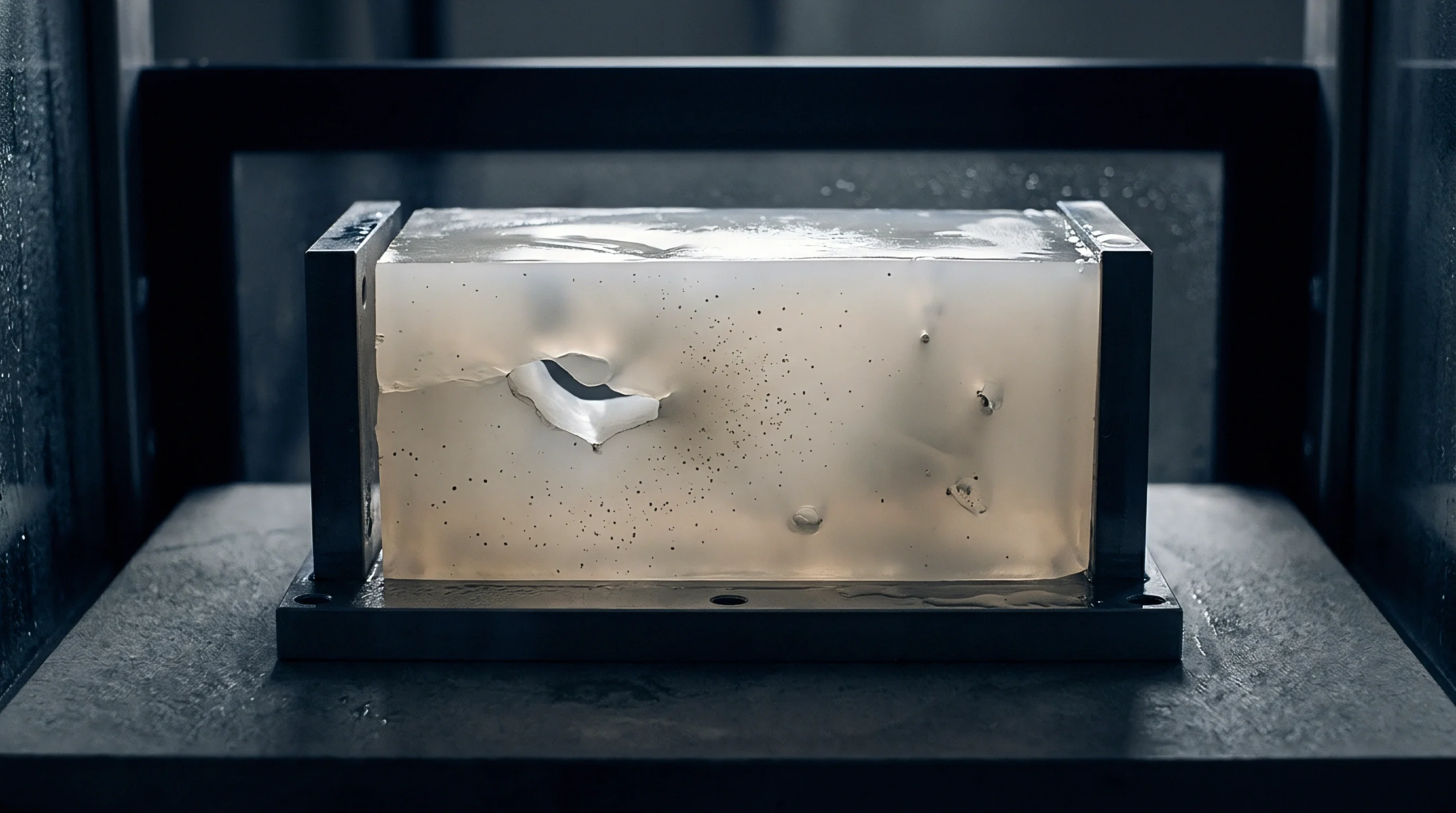 A clear, rectangular polymer specimen with a large central fracture cavity rests secured within a metal fixture on a testing platform.