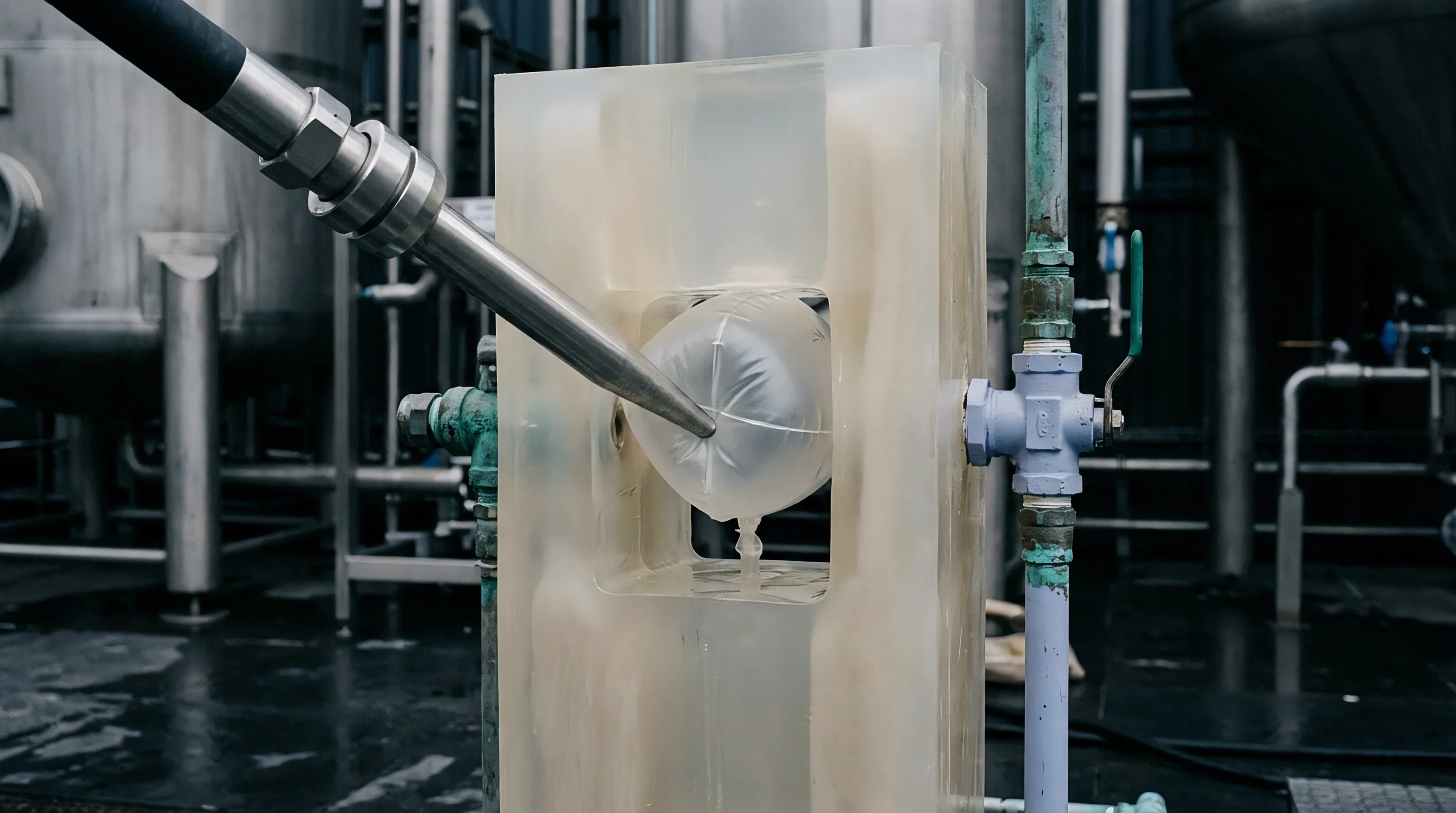 A stainless steel nozzle injects material into a flexible polymer bladder contained within a transparent acrylic test block in an industrial facility.