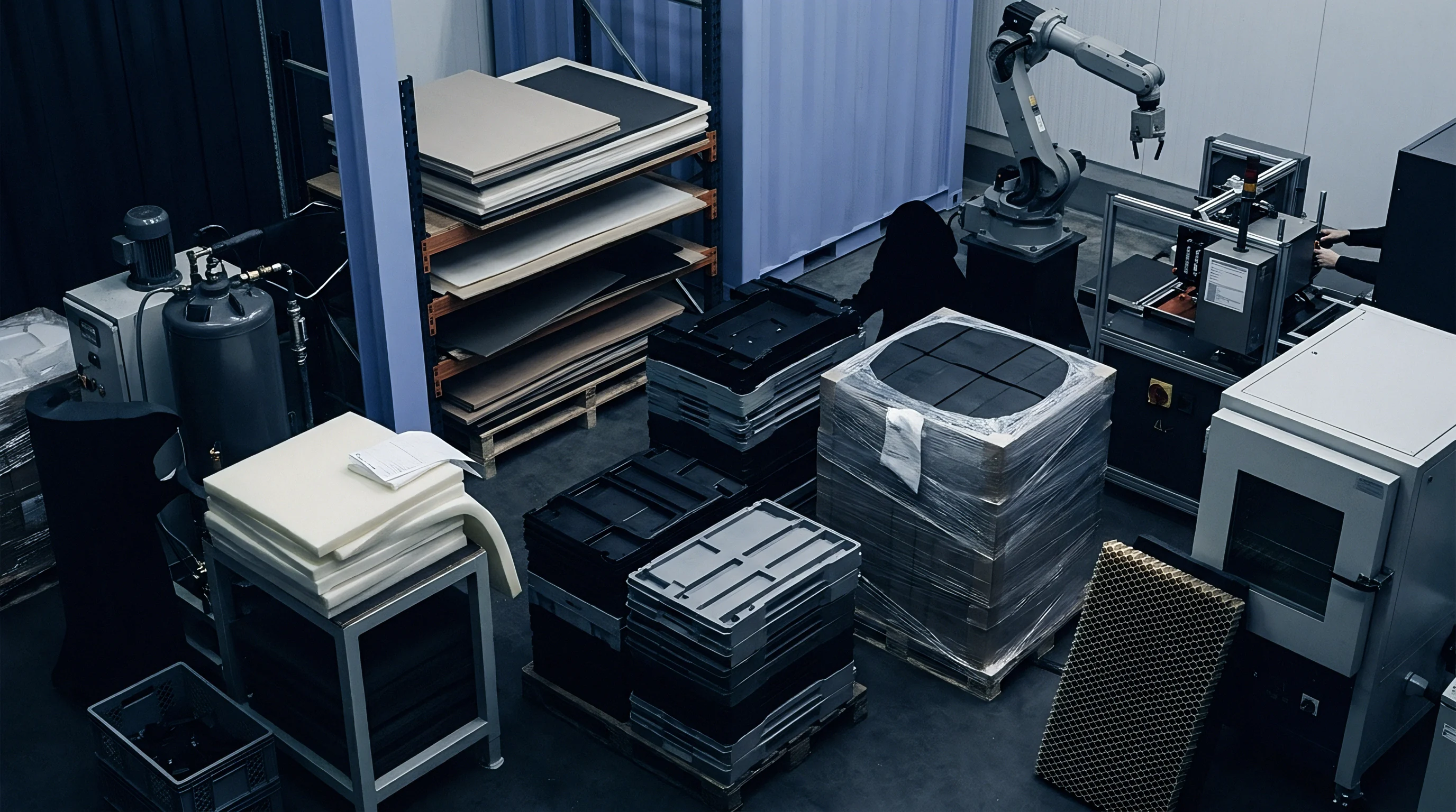 An industrial workshop displays stacked polymer sheets, plastic containers, a shrink-wrapped material roll, and automated production equipment including a robot arm.