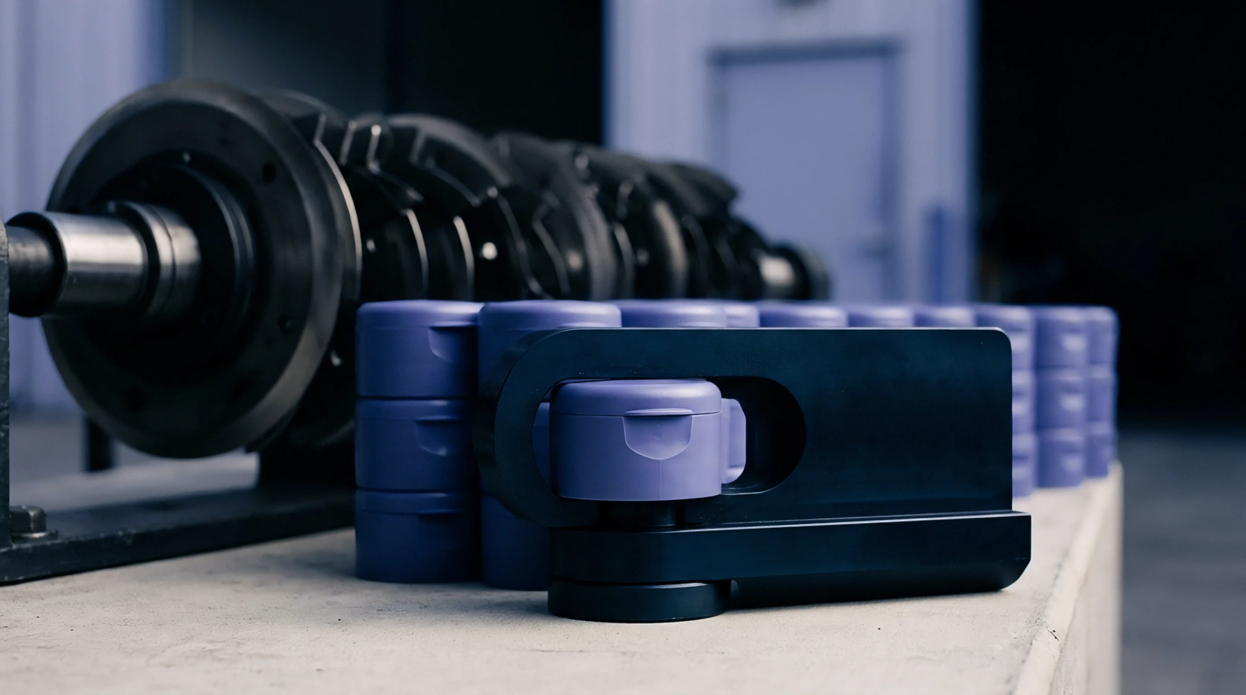 Rows of blue plastic flip top container lids sit near a heavy industrial press assembly on an elevated work surface inside a factory.