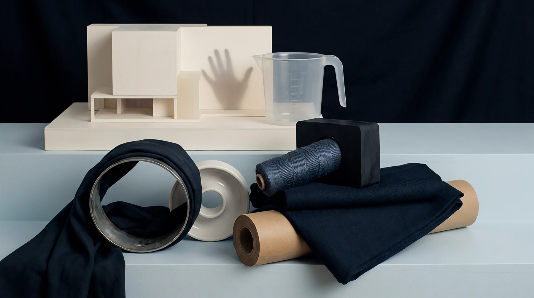 An array of pale block prototypes, a plastic measuring vessel, textile rolls, and industrial spools sits on a tiered blue platform.