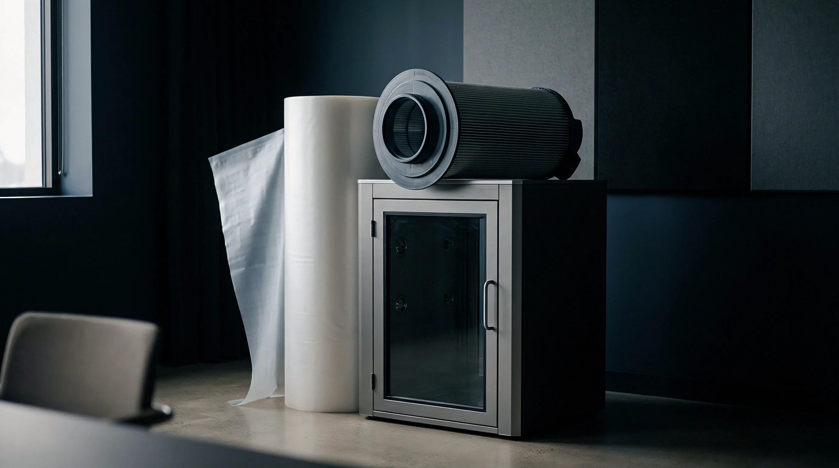 A cylindrical industrial air filter rests atop a metal equipment enclosure positioned beside a large upright roll of clear polymer protective film.