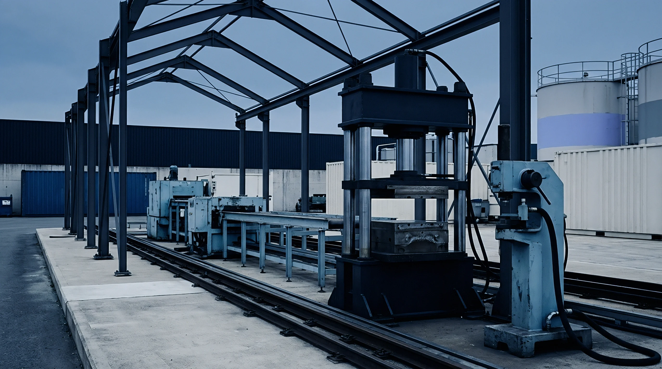 A heavy duty industrial hydraulic press with steel tooling occupies an outdoor metal frame structure near storage containers on a concrete slab.
