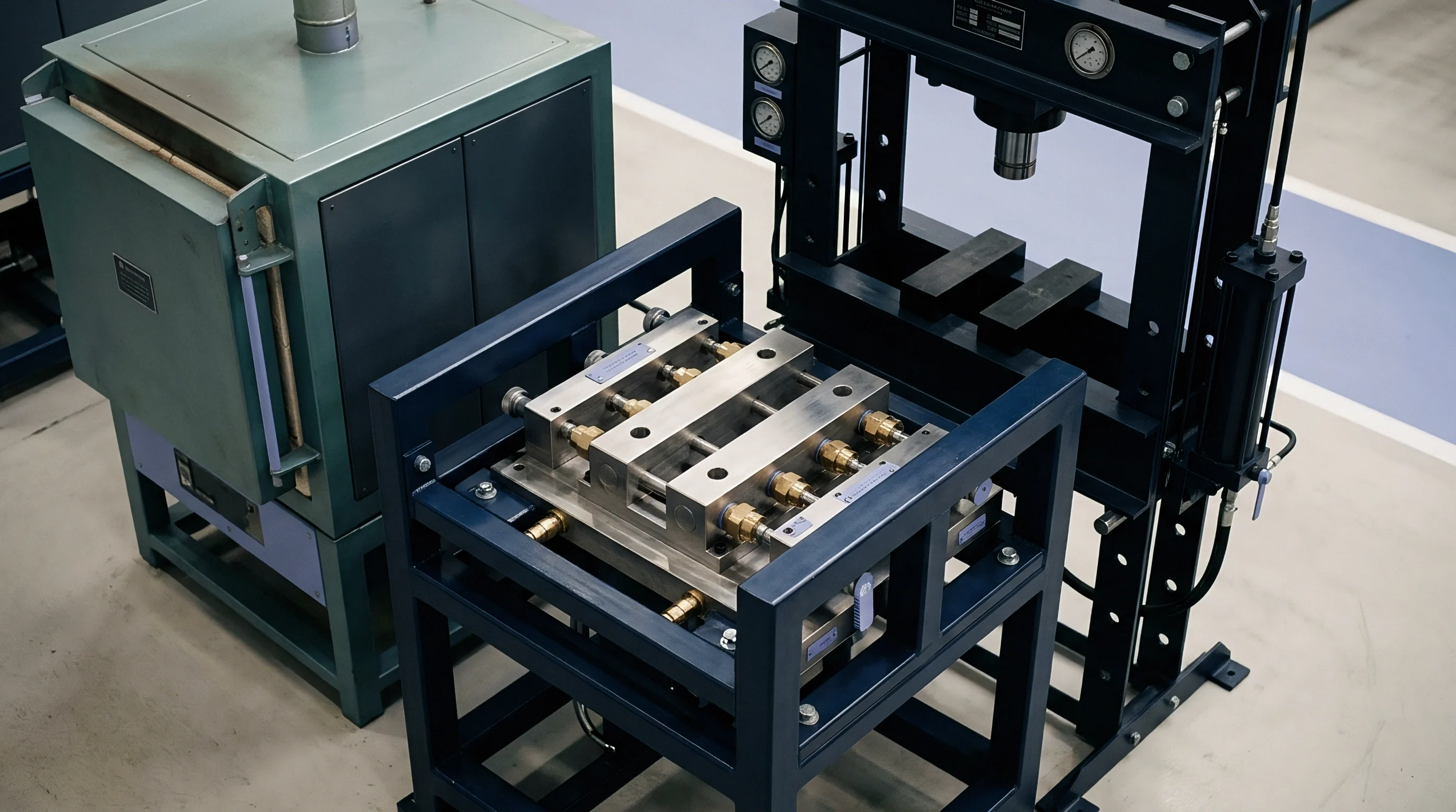 An industrial hydraulic press assembly stands beside a laboratory curing furnace used for processing polymer materials in a specialized manufacturing environment.