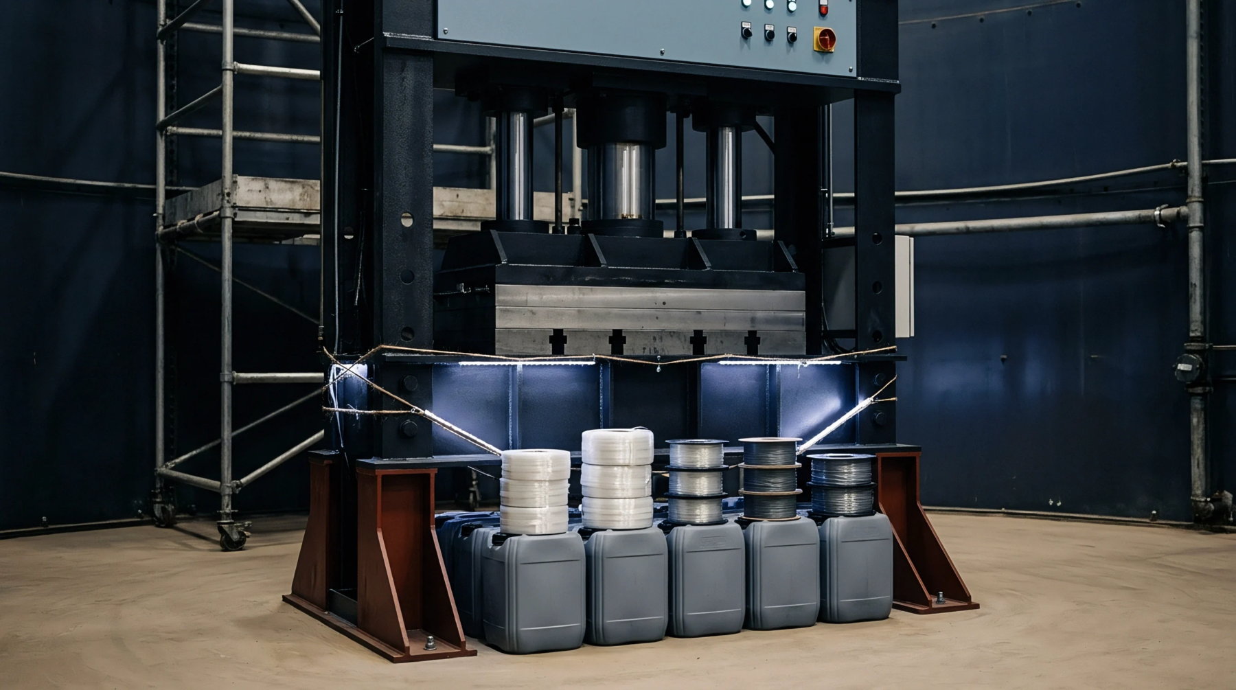 A large metal hydraulic press stands over stacked polymer filament coils and grey blow molded plastic containers in an industrial hall.