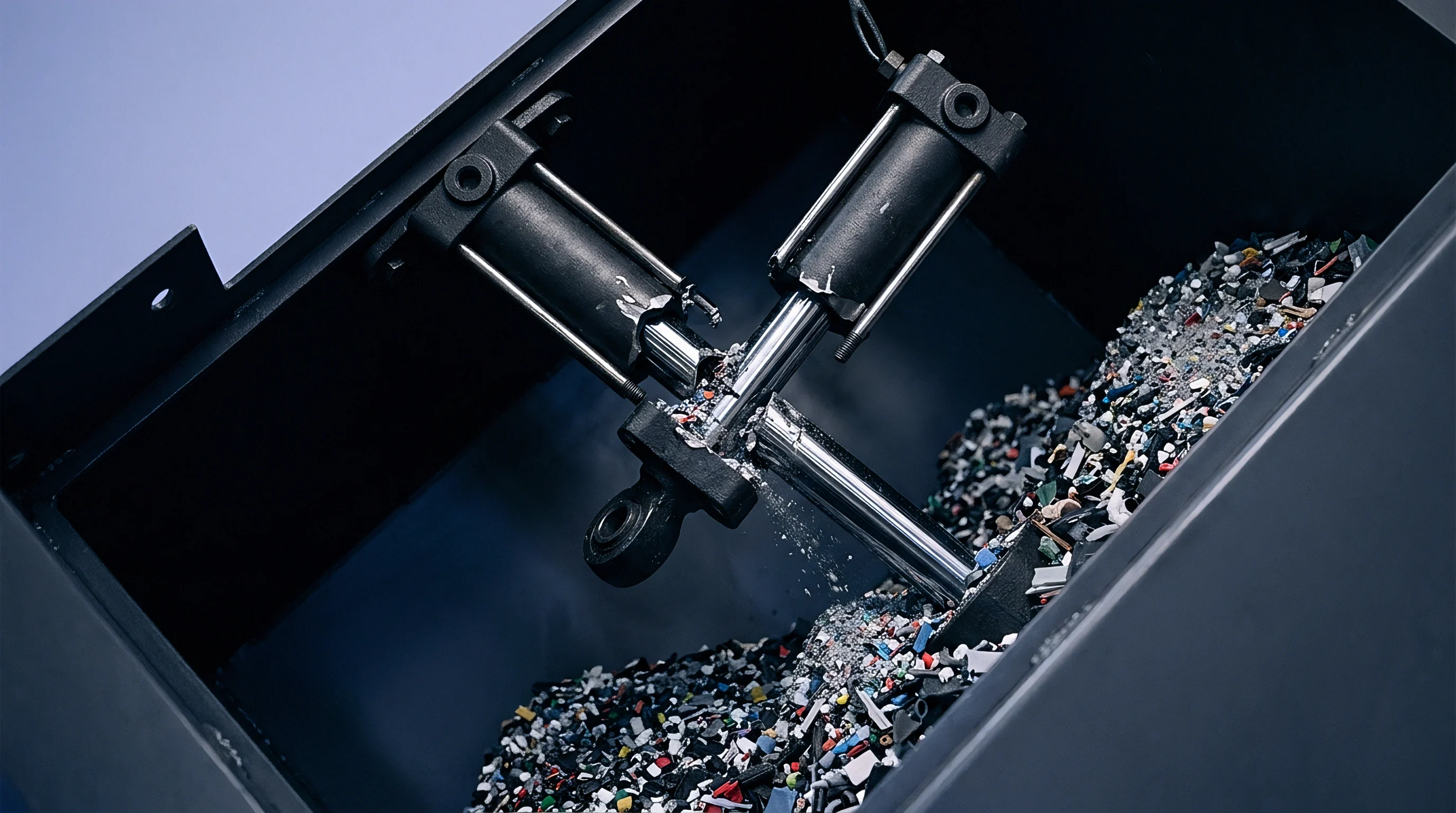 Hydraulic actuators extend into a dark metal hopper containing a large quantity of shredded multi colour plastic regrind.