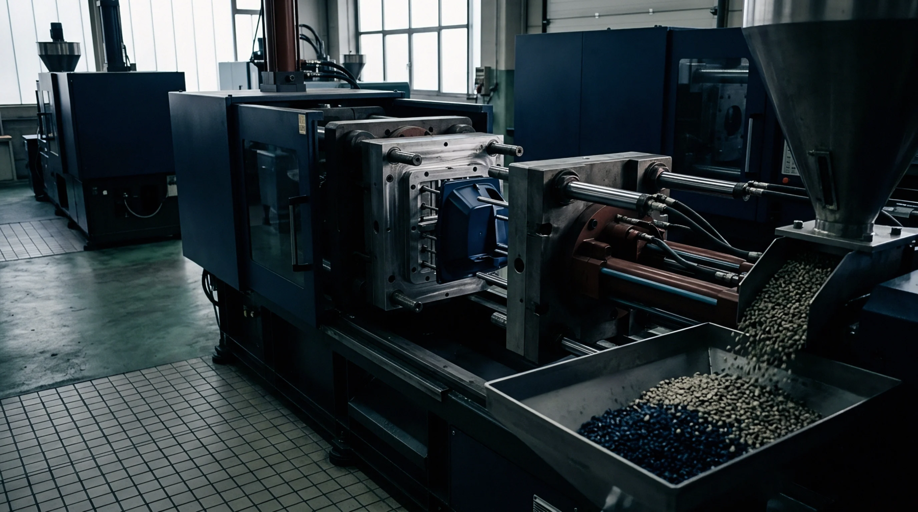 Thermoplastic pellets feed into an industrial injection molding machine where steel tooling forms a blue polymer component inside a production facility.