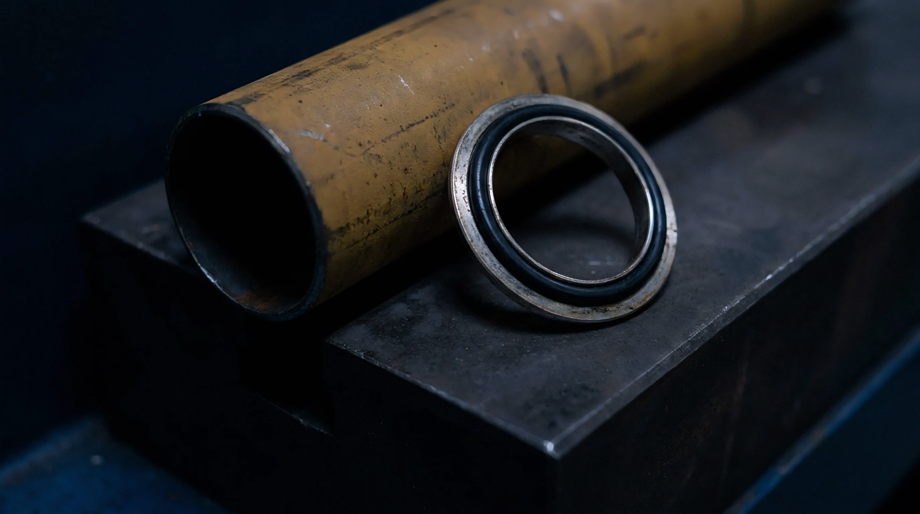 A cylindrical pipe section and a metal reinforced rubber sealing ring rest upon a heavy steel fixture base.