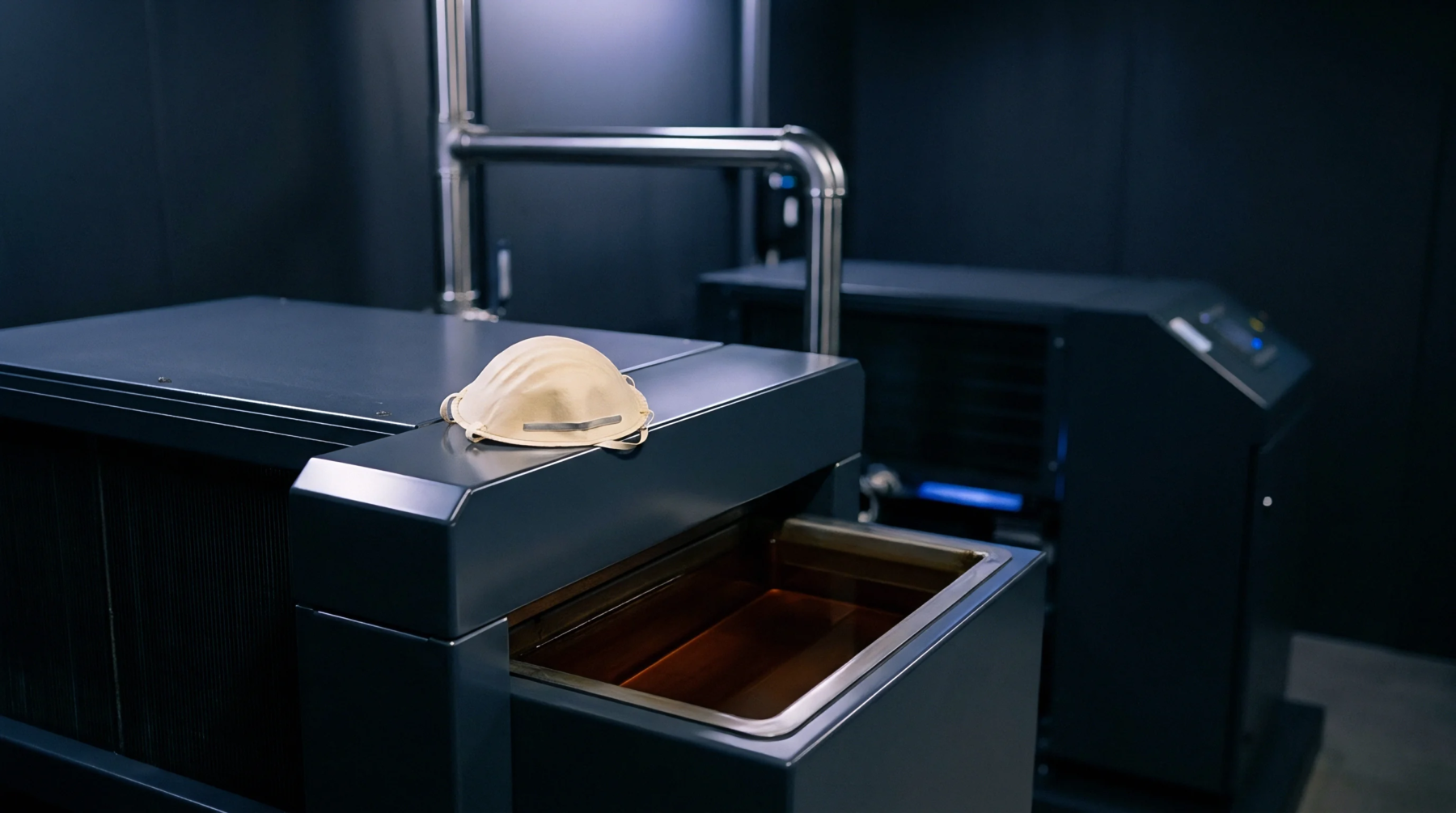 A particulate respirator mask rests on a dark matte industrial housing next to an open reservoir filled with amber fluid.