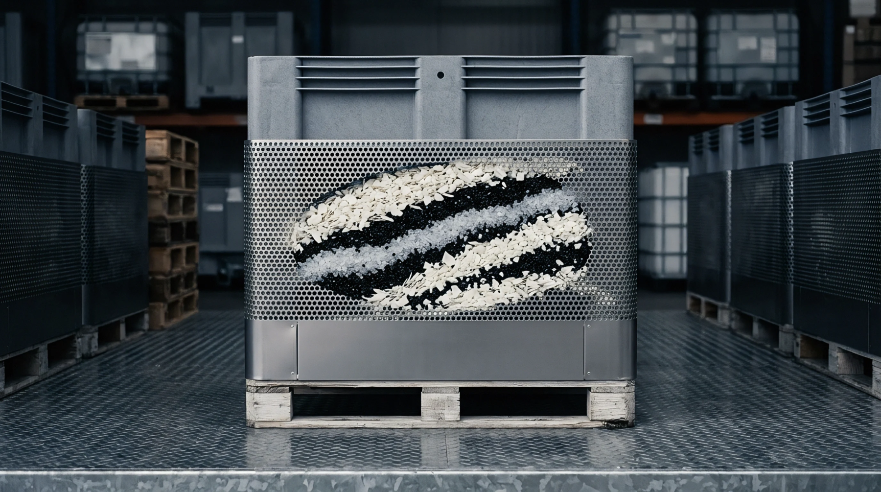 Industrial packaging on a wooden pallet stores sorted plastic flakes ready for polymer processing in a factory environment.