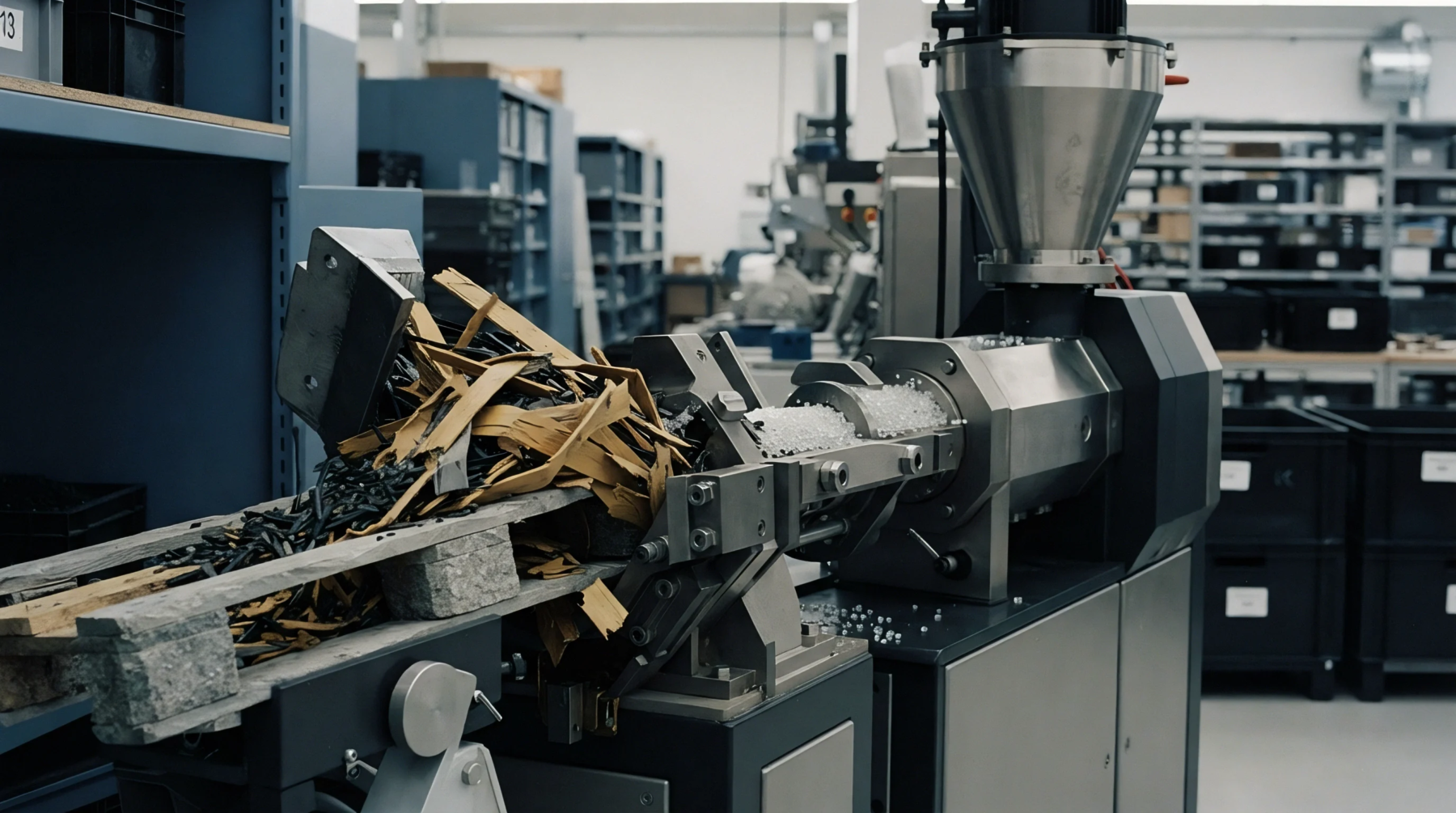 This industrial plastic extrusion machine processes shredded pallet wood and plastic waste into polymer granules.