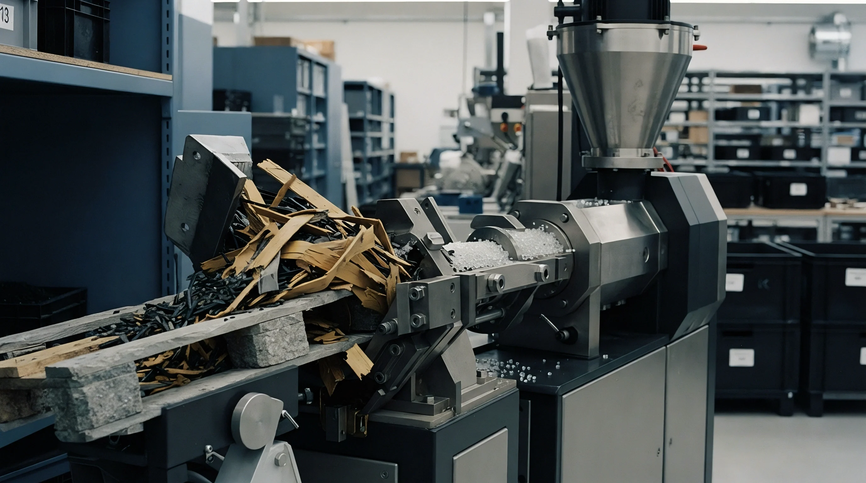 This industrial plastic extrusion machine processes shredded pallet wood and plastic waste into polymer granules.