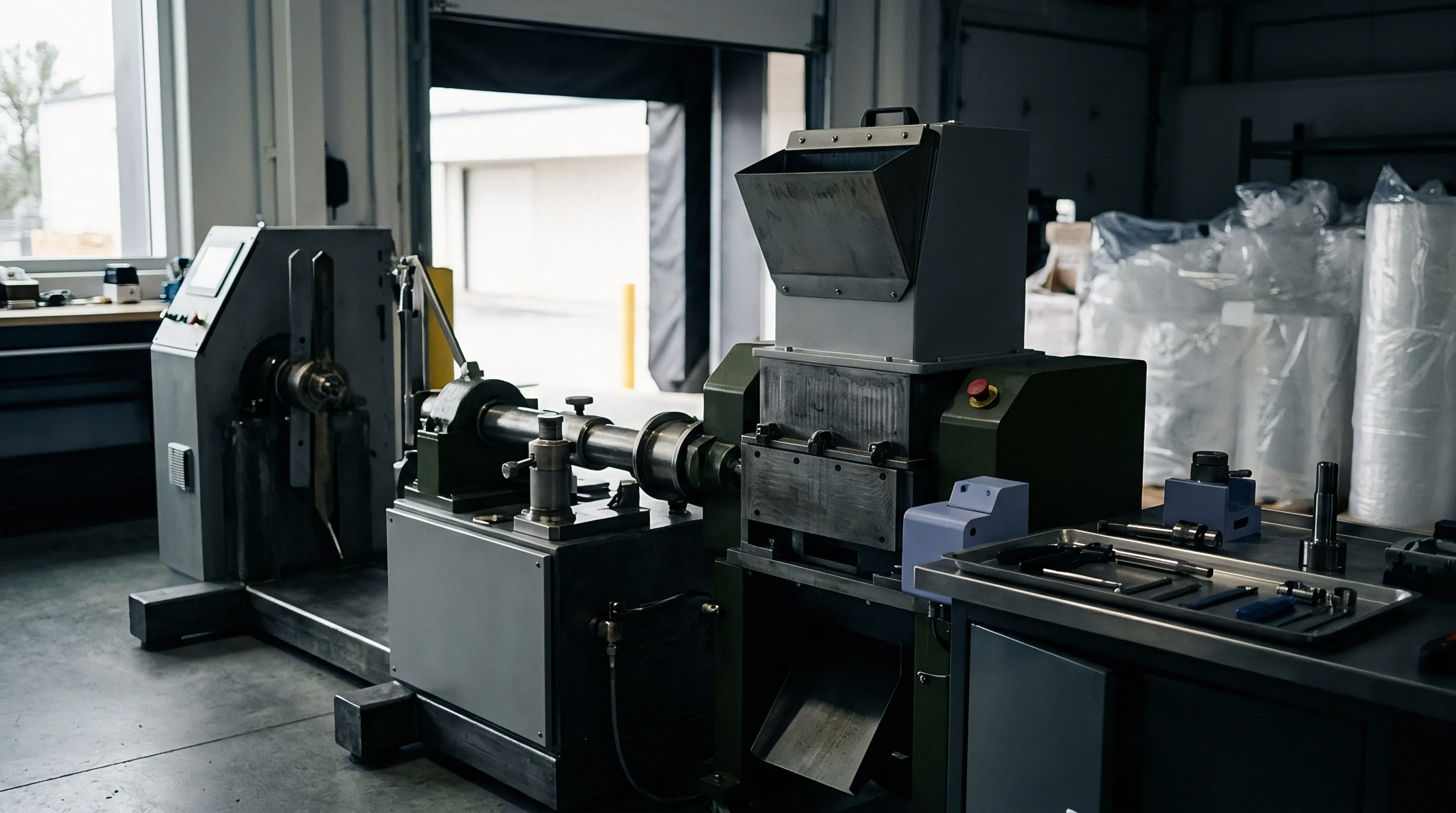 Industrial machinery includes a plastic granulator with a hopper and an extruder on a factory floor beside rolls of plastic film.