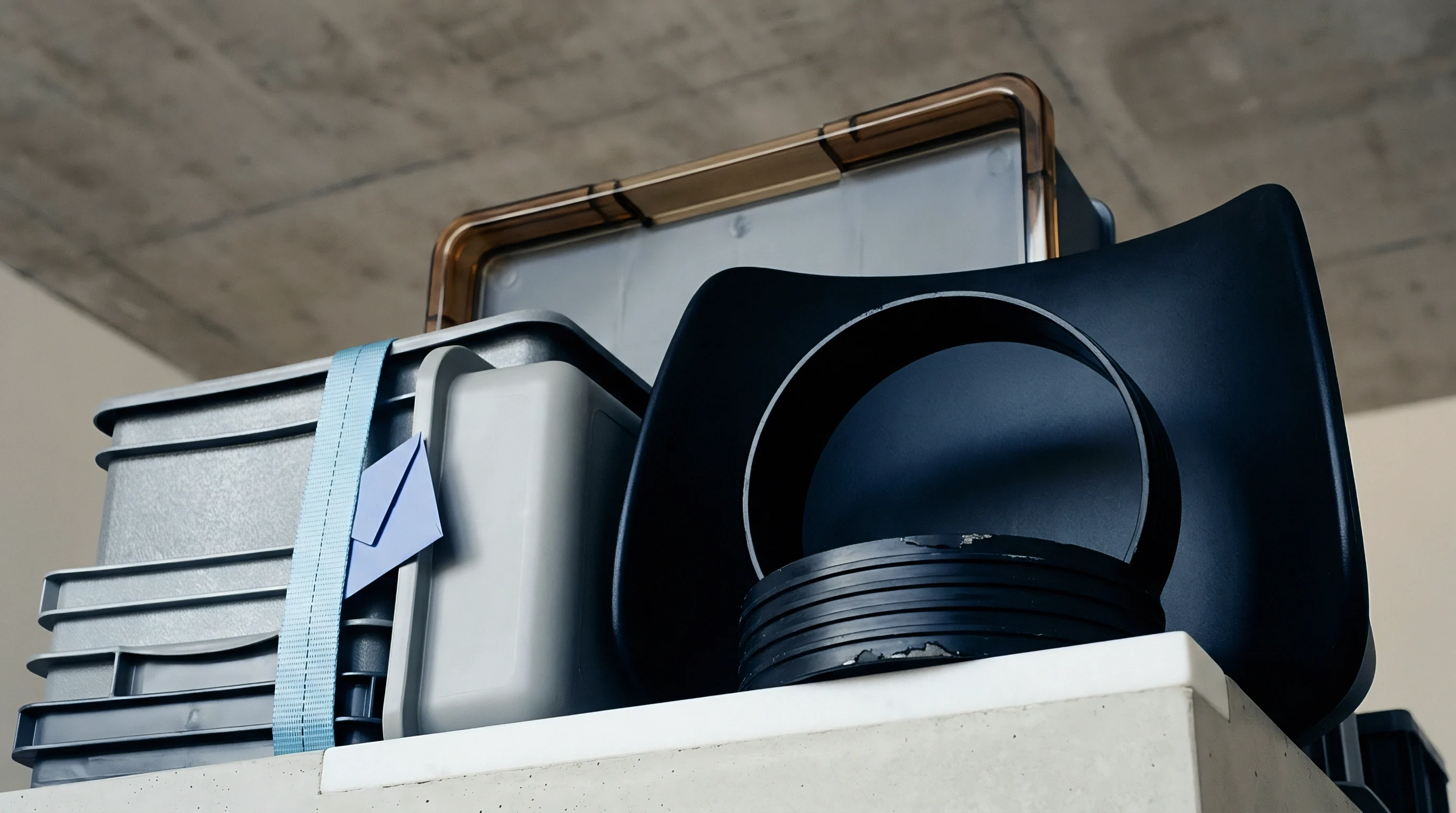 Grey injection molded containers and a black cylindrical polymer component rest on a smooth concrete ledge within a manufacturing facility environment.