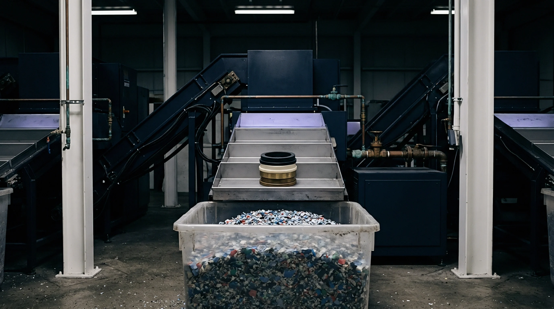 A plastic collection bin filled with multi colored polymer regrind sits below a metal sorting chute carrying molded ring seals.