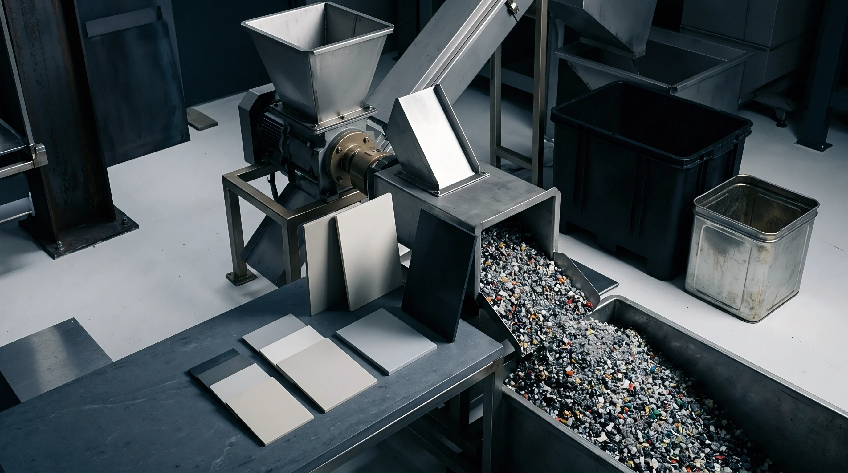 Multicolored plastic regrind flows from a stainless steel granulator into a metal bin beside finished polymer sample tiles on a workbench.