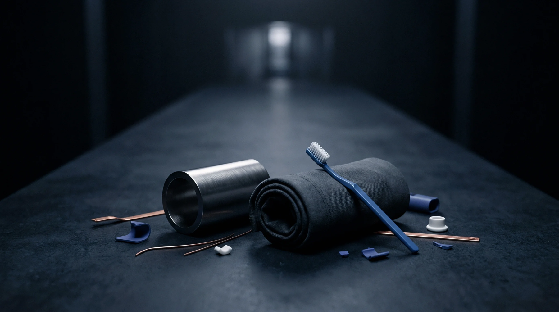 Industrial polymer moulded parts alongside a brushed metal tube and toothbrush are arranged on a dark surface in this clean three dimensional rendered scene.